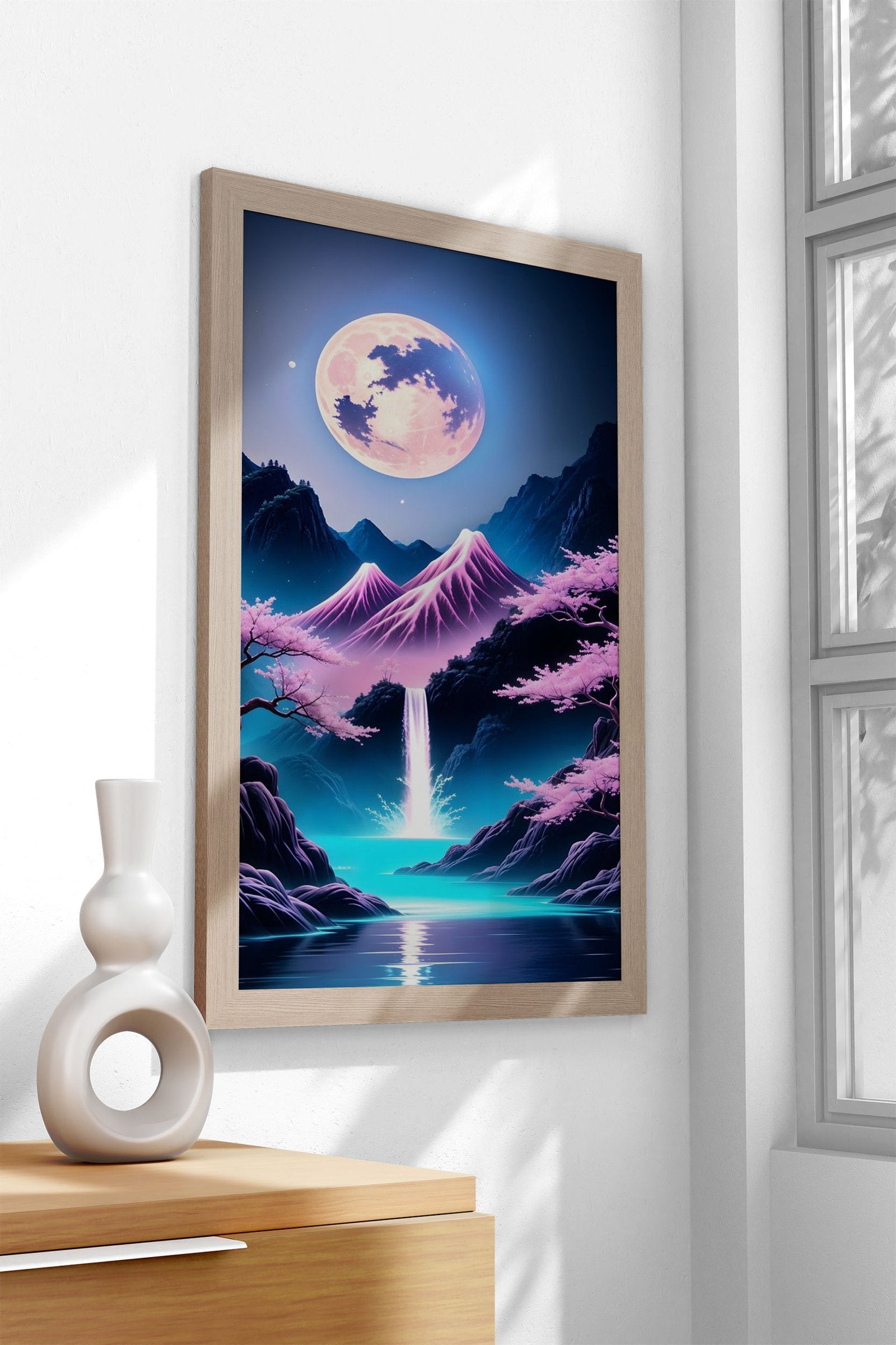 Moonlit Waterfall Cherry Blossom Japan Art Asian Style Poster | Wall Art for Home & Office | High-Quality Print - High-Quality Visual Display