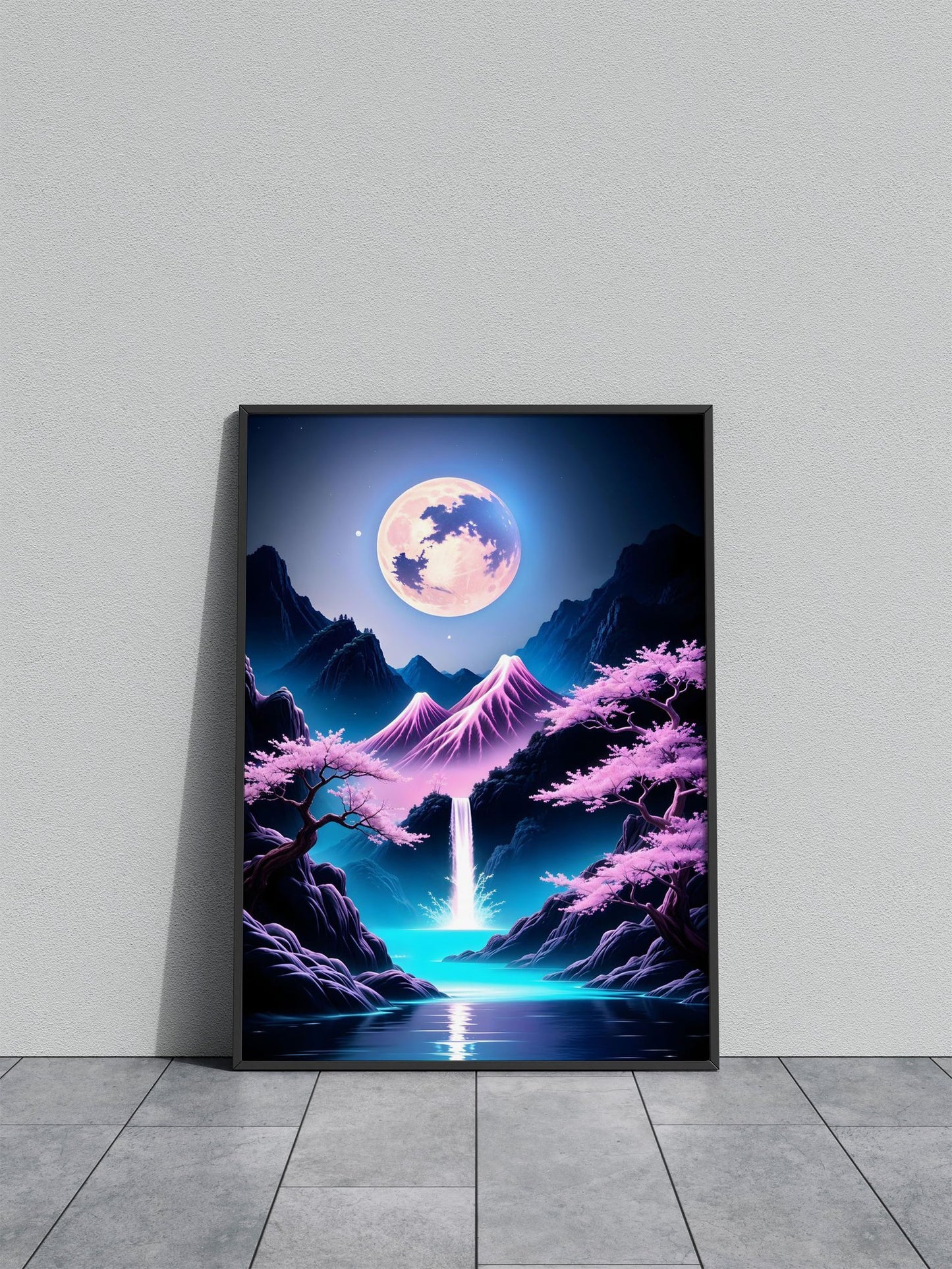 Moonlit Waterfall Cherry Blossom Japan Art Asian Style Poster | Wall Art for Home & Office | High-Quality Print - High-Quality Visual Display