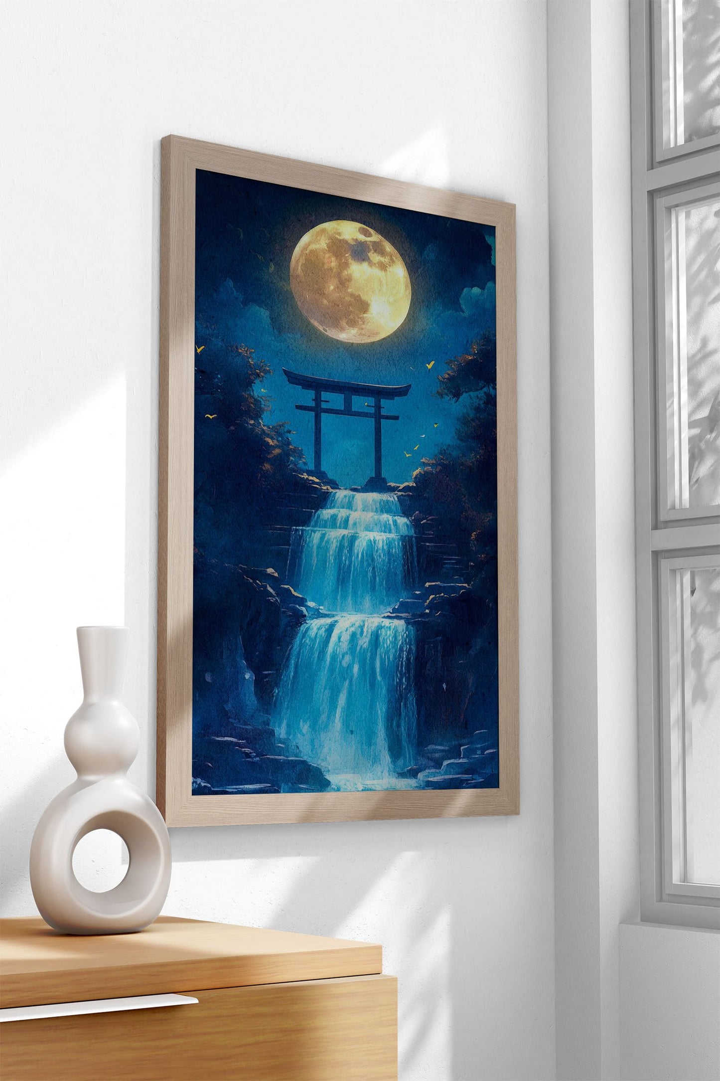 Moonlit Waterfall Gate Asian Style Poster | Wall Art for Home & Office | High-Quality Print - High-Quality Visual Display