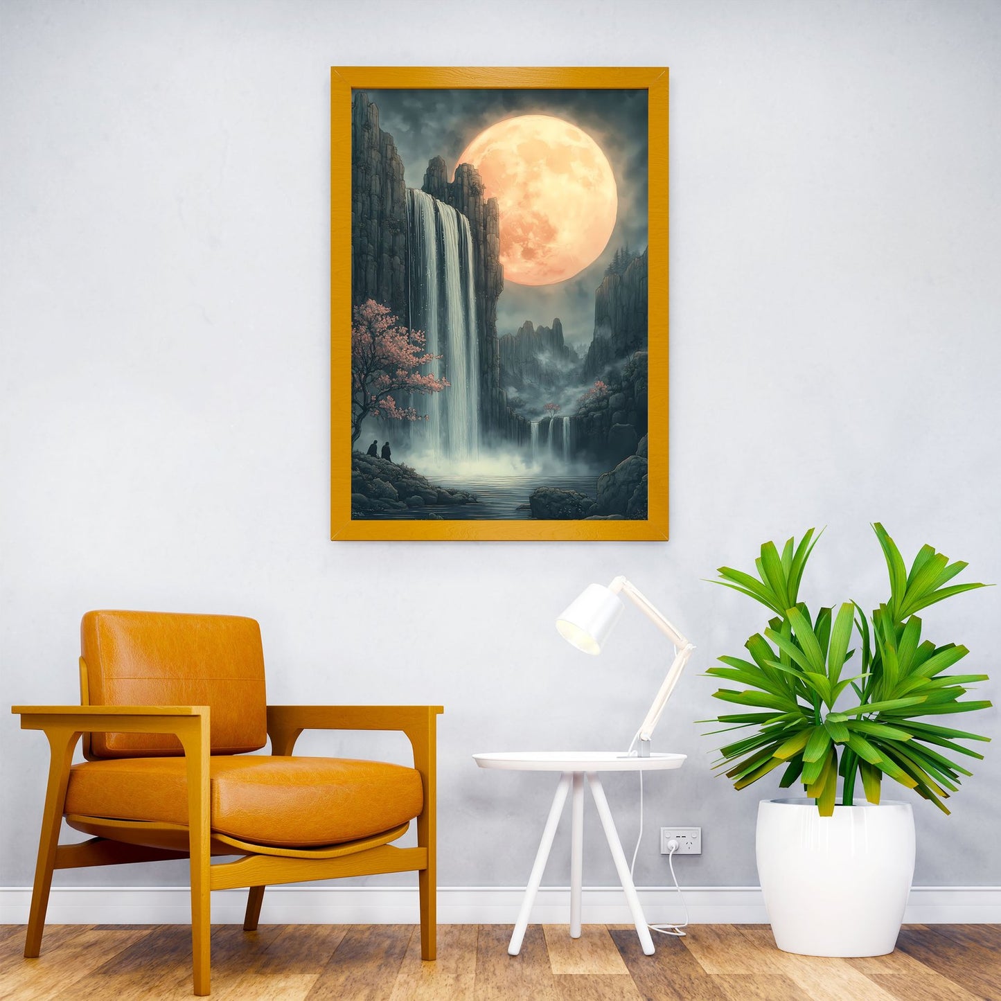 Moonlit Waterfall Japanese Landscape Asian Style Poster | Wall Art for Home & Office | High-Quality Print - High-Quality Visual Display