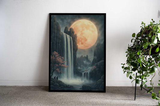 Moonlit Waterfall Japanese Landscape Asian Style Poster | Wall Art for Home & Office | High-Quality Print - High-Quality Visual Display