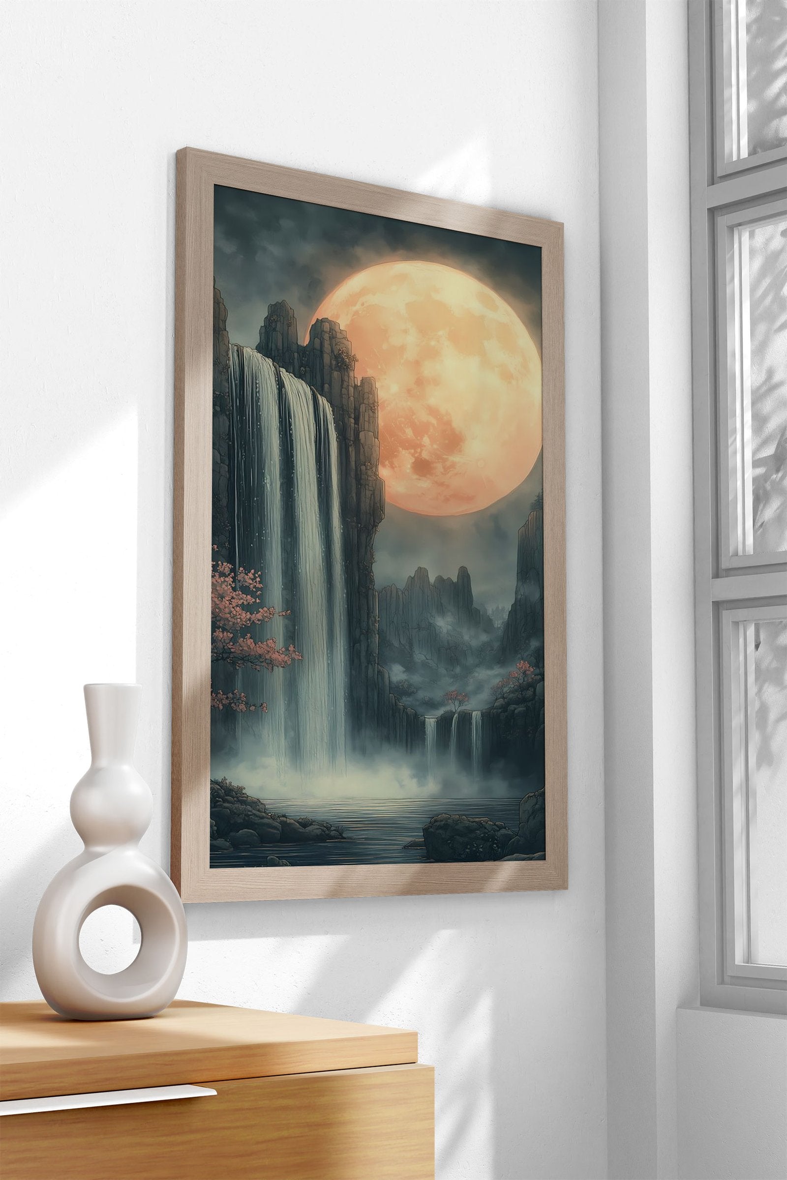 Moonlit Waterfall Japanese Landscape Asian Style Poster | Wall Art for Home & Office | High-Quality Print - High-Quality Visual Display