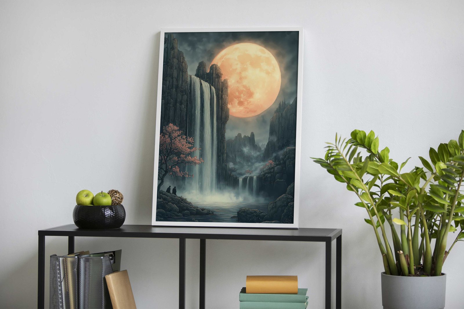 Moonlit Waterfall Japanese Landscape Asian Style Poster | Wall Art for Home & Office | High-Quality Print - High-Quality Visual Display