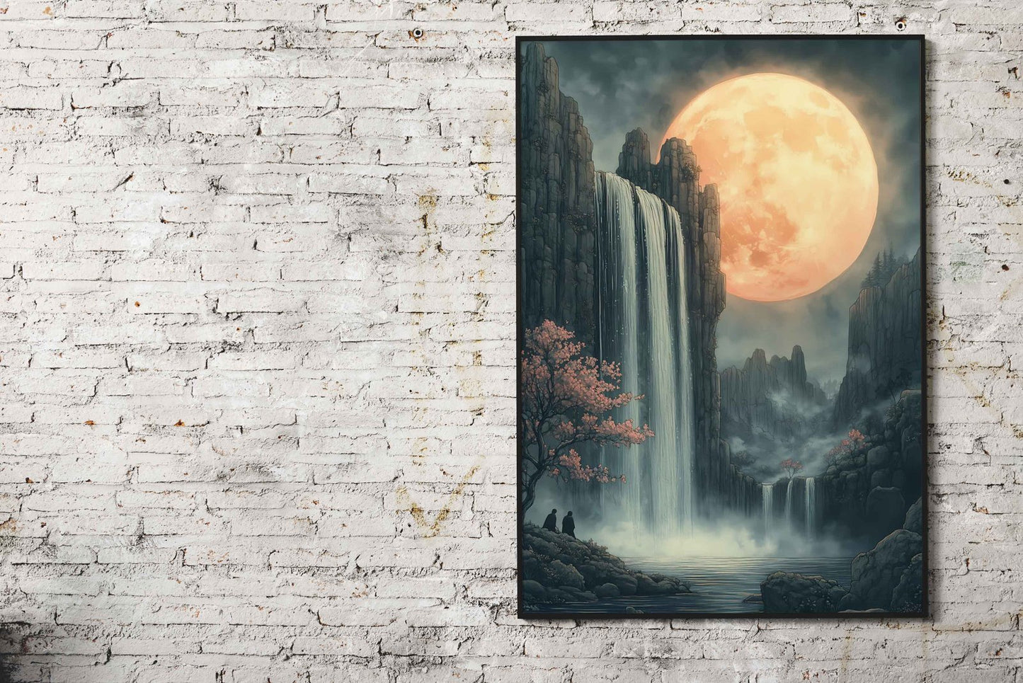 Moonlit Waterfall Japanese Landscape Asian Style Poster | Wall Art for Home & Office | High-Quality Print - High-Quality Visual Display
