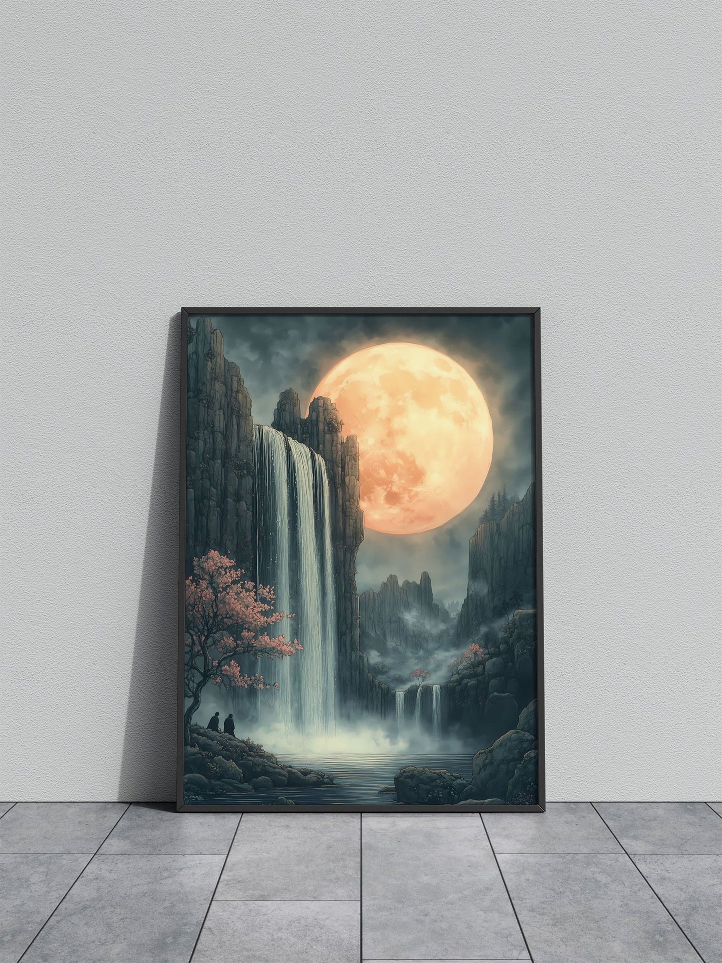 Moonlit Waterfall Japanese Landscape Asian Style Poster | Wall Art for Home & Office | High-Quality Print - High-Quality Visual Display