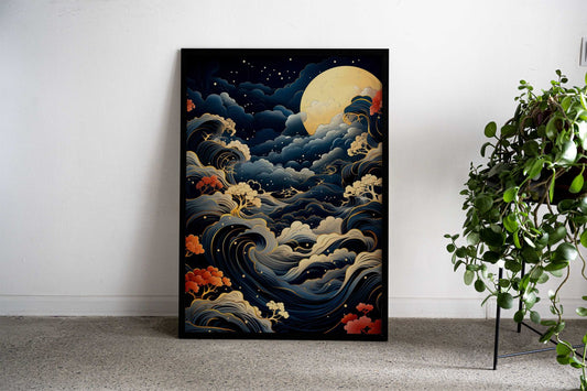 Moonlit Waves Serenity Asian Style Poster | Wall Art for Home & Office | High-Quality Print - High-Quality Visual Display