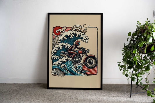 Motorcycle Wave Rider Ukiyo-e Asian Style Poster | Wall Art for Home & Office | High-Quality Print - High-Quality Visual Display