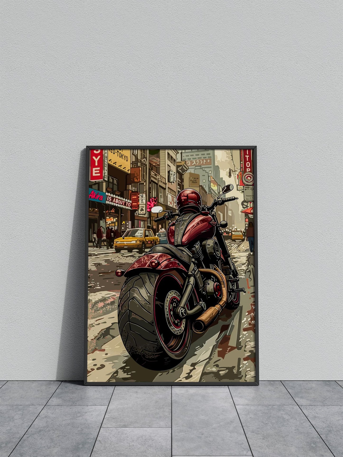 Motorcycle in Cityscape Asian Style Poster | Wall Art for Home & Office | High-Quality Print - High-Quality Visual Display