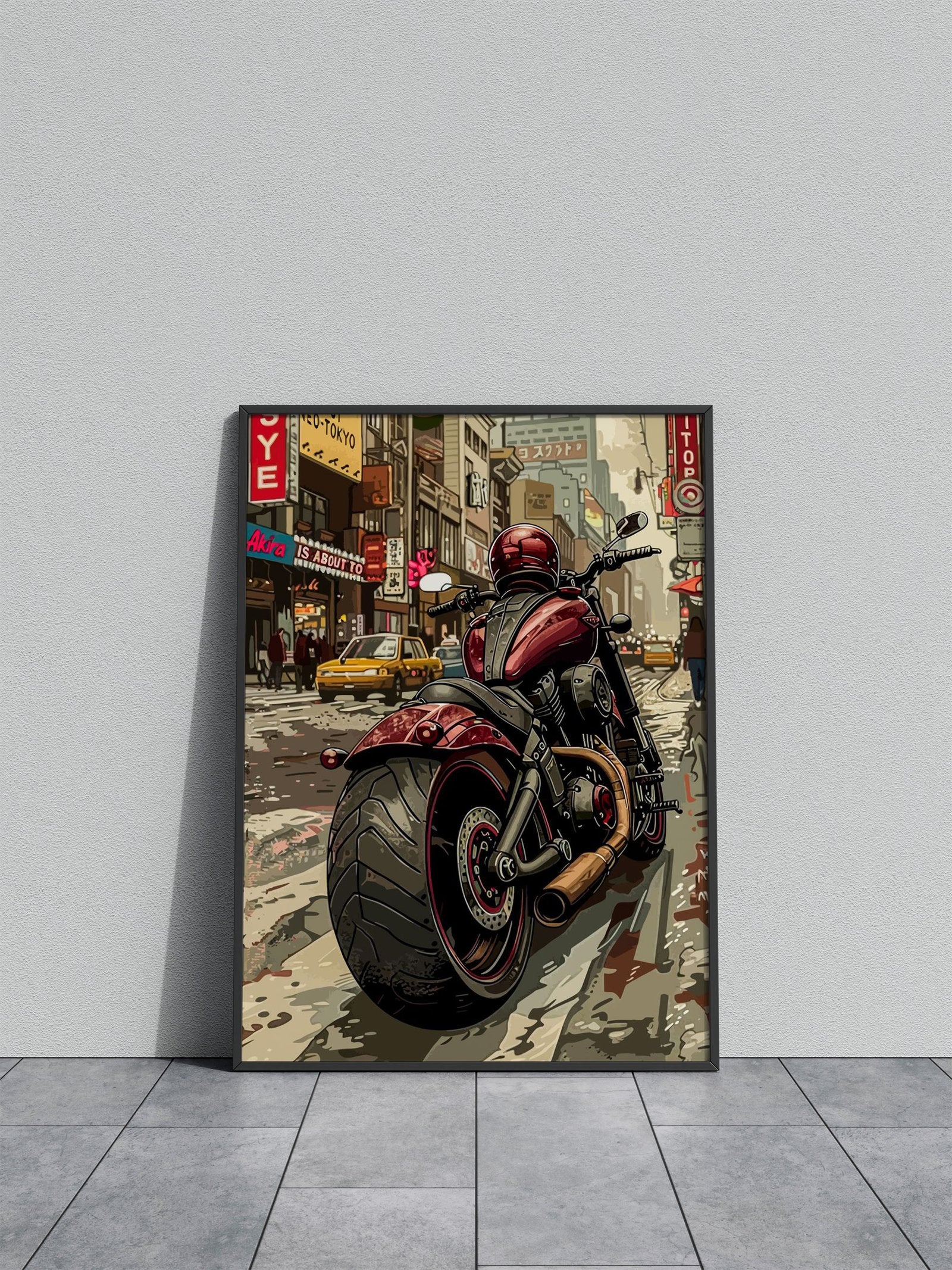 Motorcycle in Cityscape Asian Style Poster | Wall Art for Home & Office | High-Quality Print - High-Quality Visual Display
