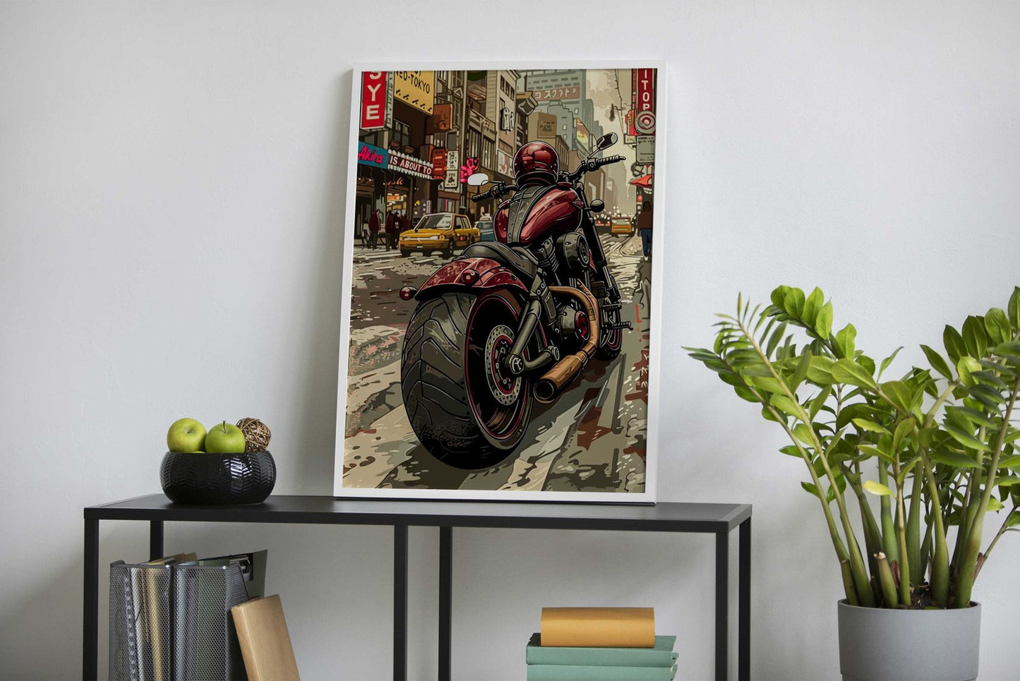 Motorcycle in Cityscape Asian Style Poster | Wall Art for Home & Office | High-Quality Print - High-Quality Visual Display