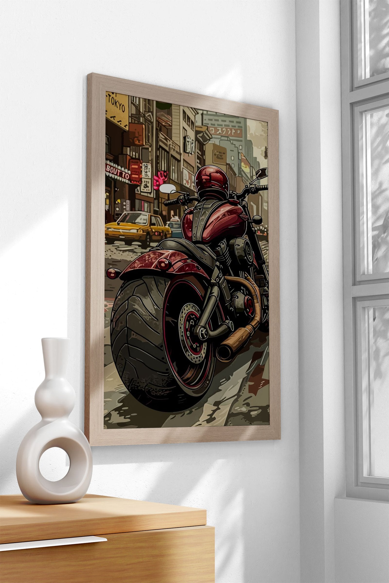 Motorcycle in Cityscape Asian Style Poster | Wall Art for Home & Office | High-Quality Print - High-Quality Visual Display