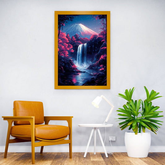 Mountain Fuji Waterfall Night Japanese Cherry Blossom Asian Style Poster | Wall Art for Home & Office | High-Quality Print - High-Quality Visual Display