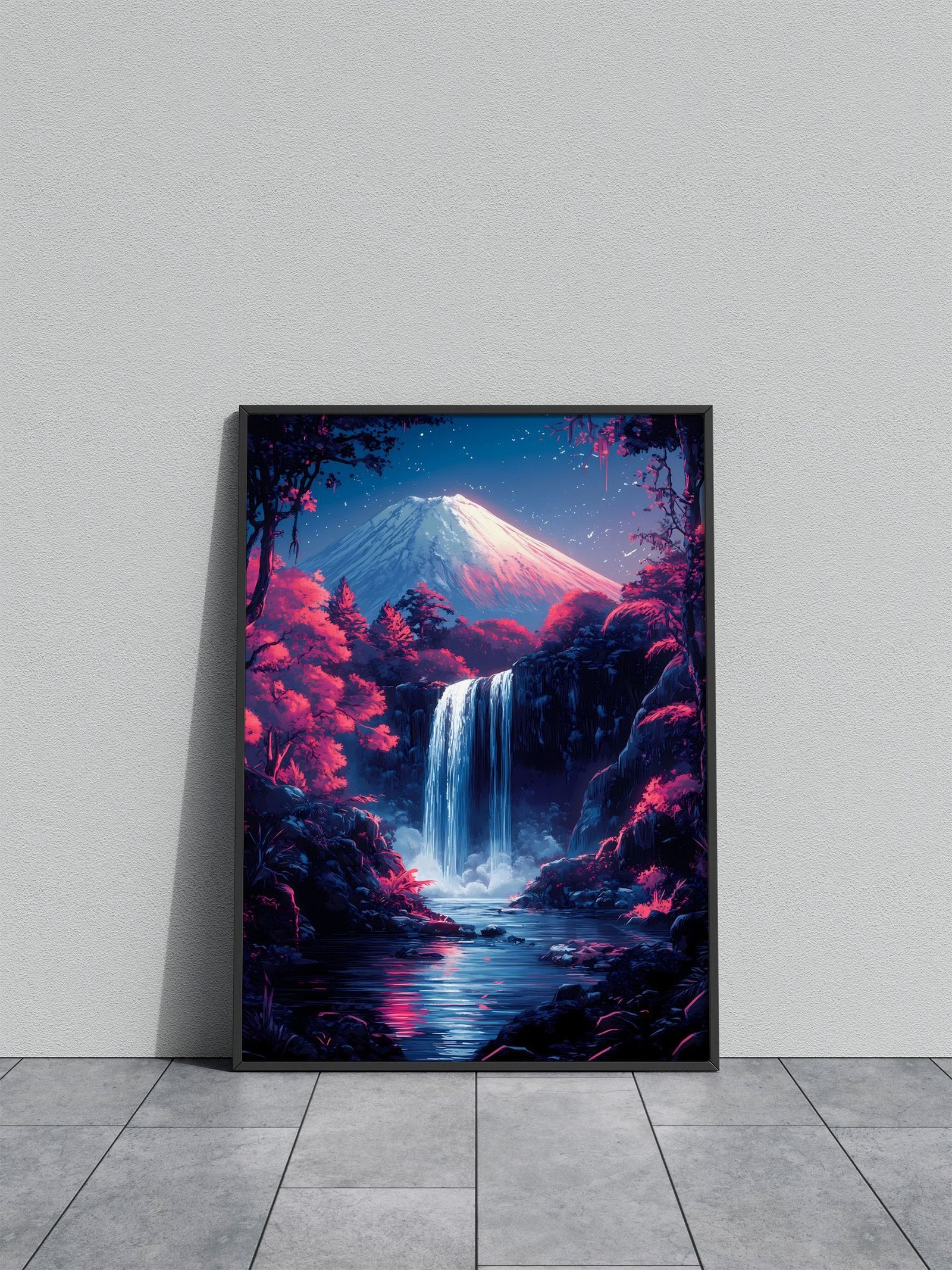 Mountain Fuji Waterfall Night Japanese Cherry Blossom Asian Style Poster | Wall Art for Home & Office | High-Quality Print - High-Quality Visual Display