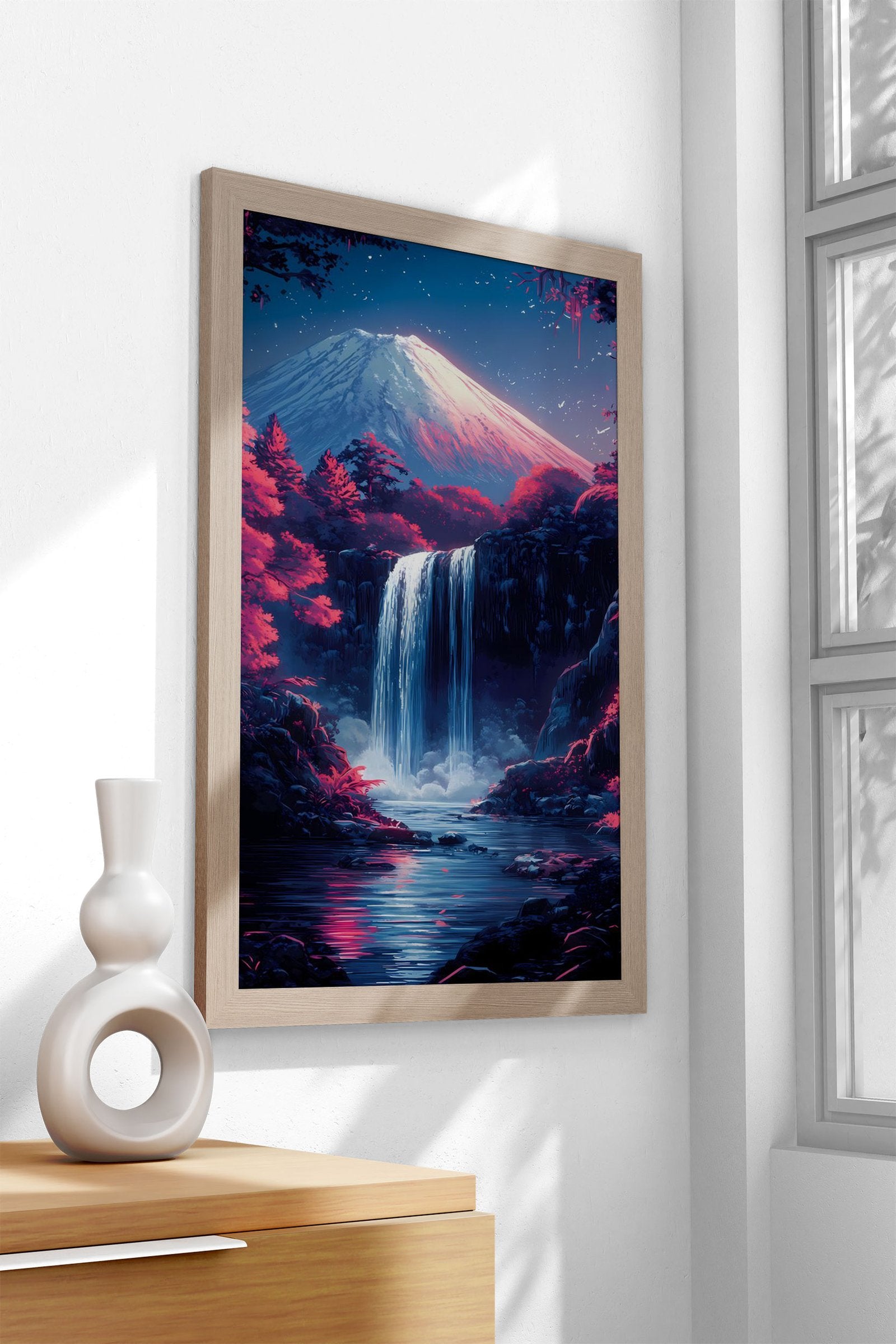 Mountain Fuji Waterfall Night Japanese Cherry Blossom Asian Style Poster | Wall Art for Home & Office | High-Quality Print - High-Quality Visual Display