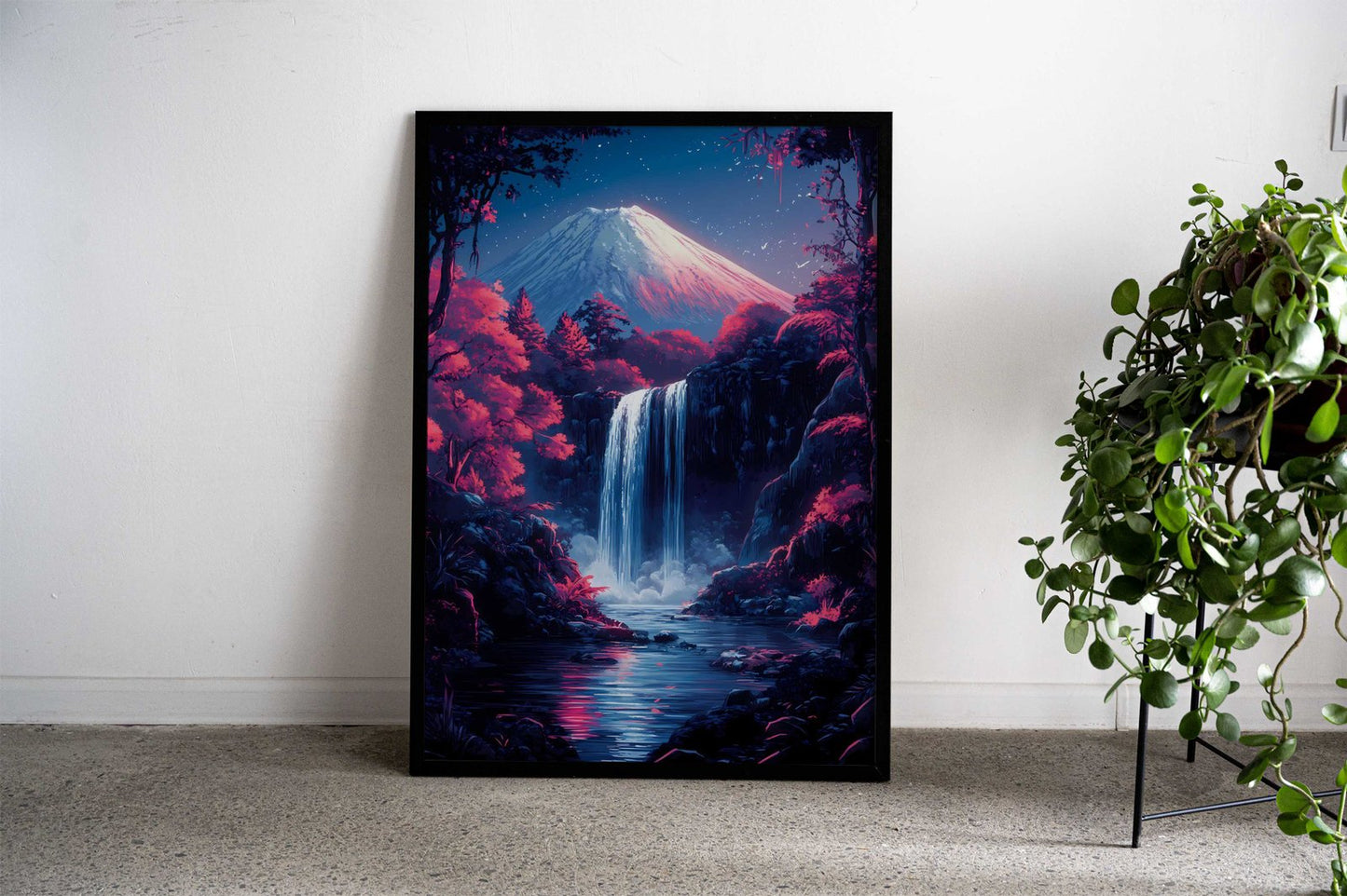 Mountain Fuji Waterfall Night Japanese Cherry Blossom Asian Style Poster | Wall Art for Home & Office | High-Quality Print - High-Quality Visual Display
