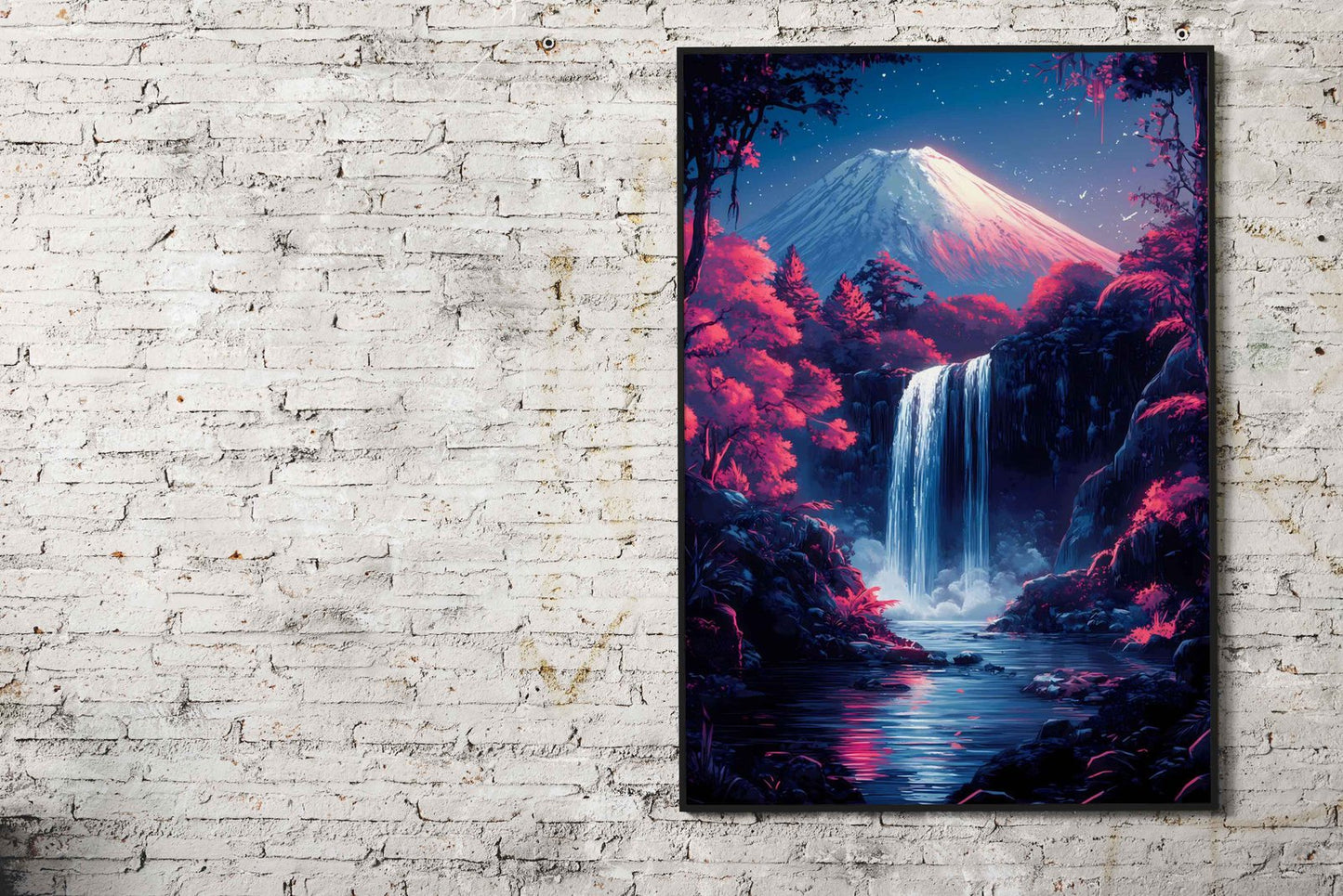 Mountain Fuji Waterfall Night Japanese Cherry Blossom Asian Style Poster | Wall Art for Home & Office | High-Quality Print - High-Quality Visual Display
