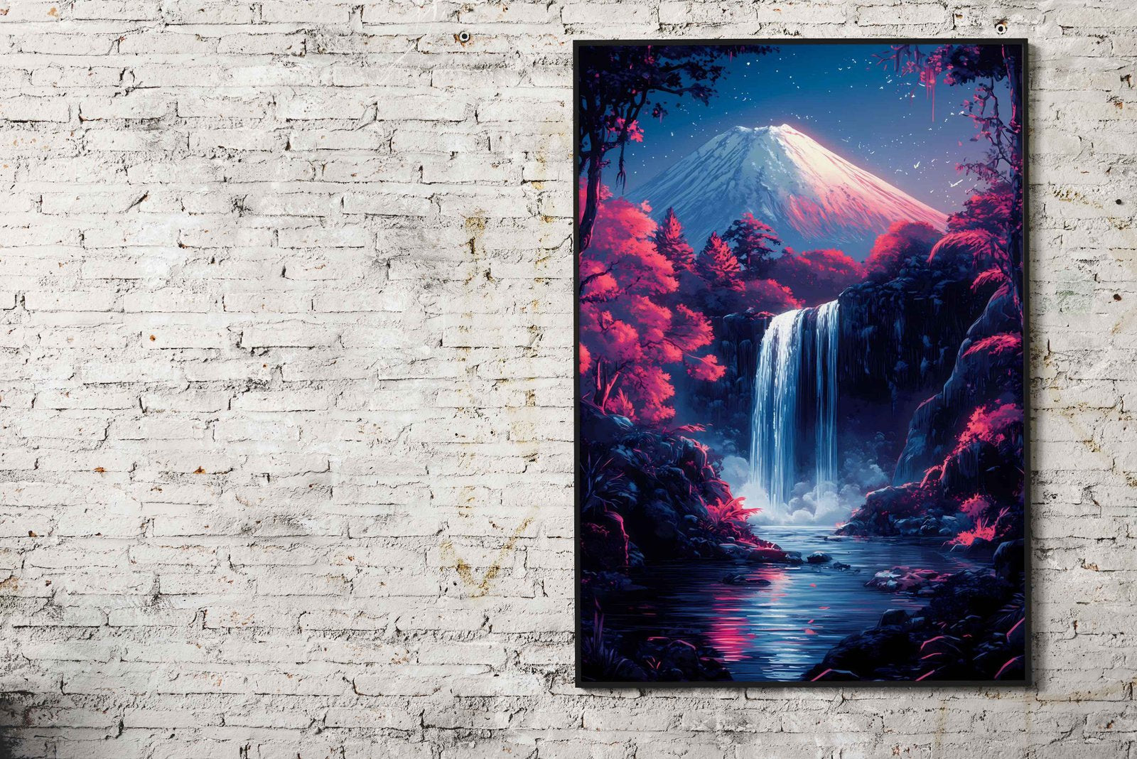 Mountain Fuji Waterfall Night Japanese Cherry Blossom Asian Style Poster | Wall Art for Home & Office | High-Quality Print - High-Quality Visual Display