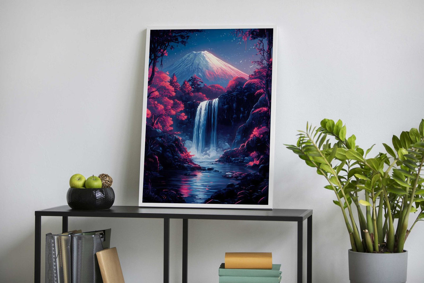 Mountain Fuji Waterfall Night Japanese Cherry Blossom Asian Style Poster | Wall Art for Home & Office | High-Quality Print - High-Quality Visual Display