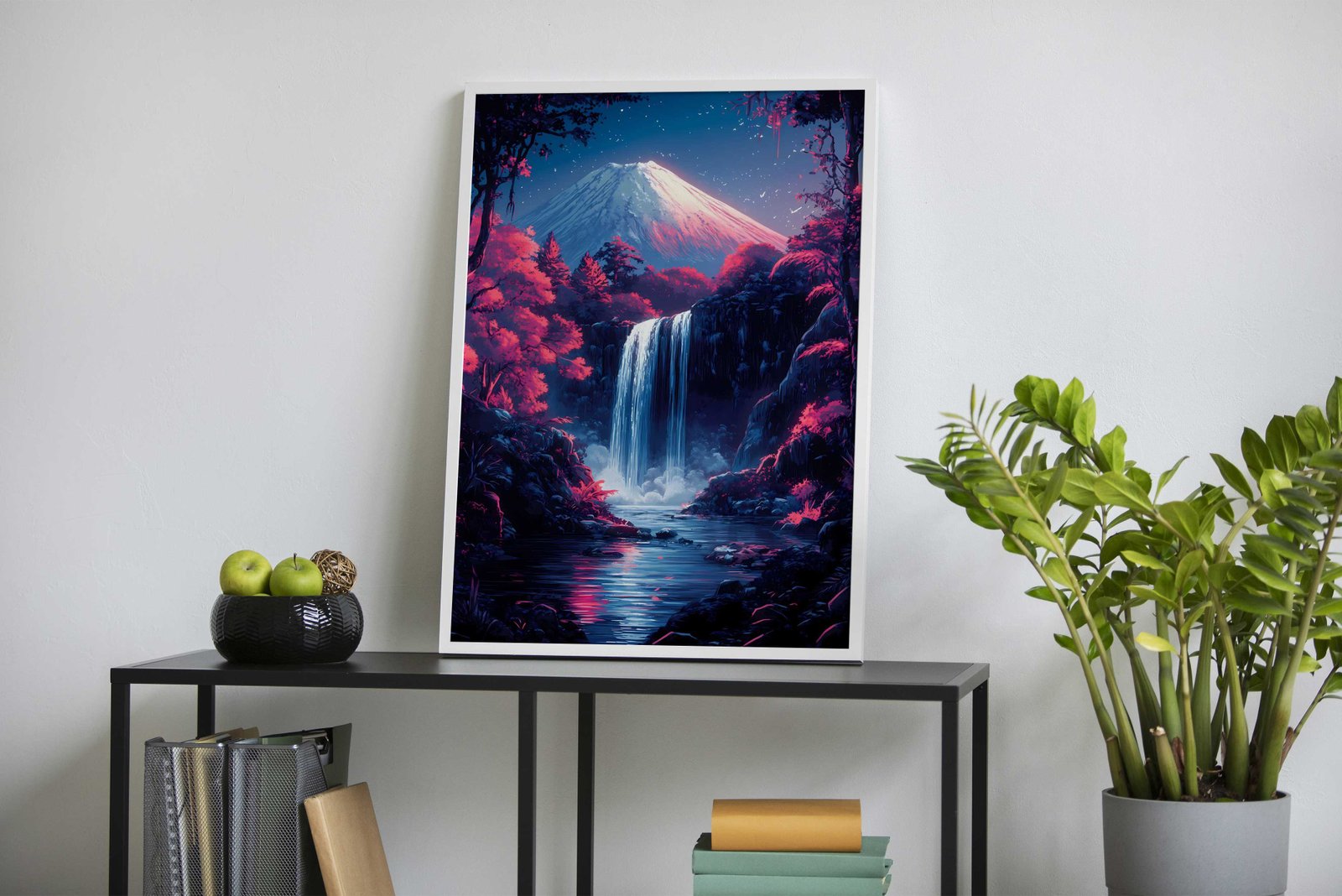Mountain Fuji Waterfall Night Japanese Cherry Blossom Asian Style Poster | Wall Art for Home & Office | High-Quality Print - High-Quality Visual Display