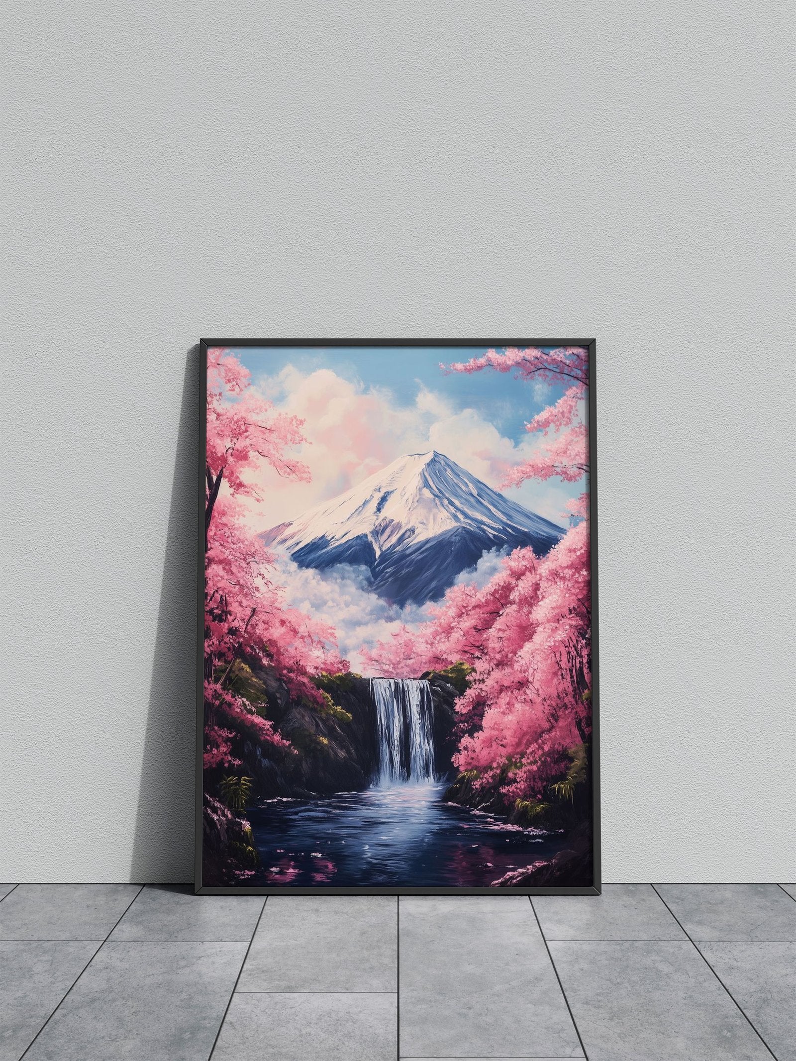Mountain Fuji Waterfall Sakura Asian Style Poster | Wall Art for Home & Office | High-Quality Print - High-Quality Visual Display