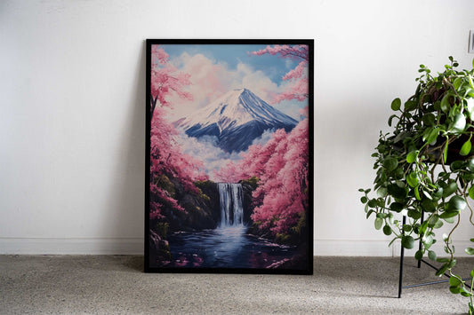 Mountain Fuji Waterfall Sakura Asian Style Poster | Wall Art for Home & Office | High-Quality Print - High-Quality Visual Display