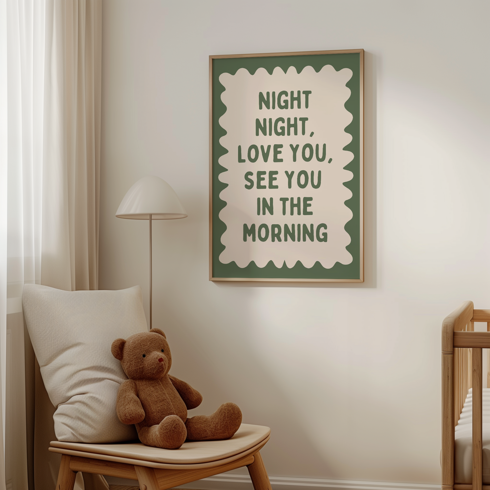 Night Night, Love You | Olive Green and Cream | Wall Art Print - High-Quality Premium Wall Art Decor Sticker
