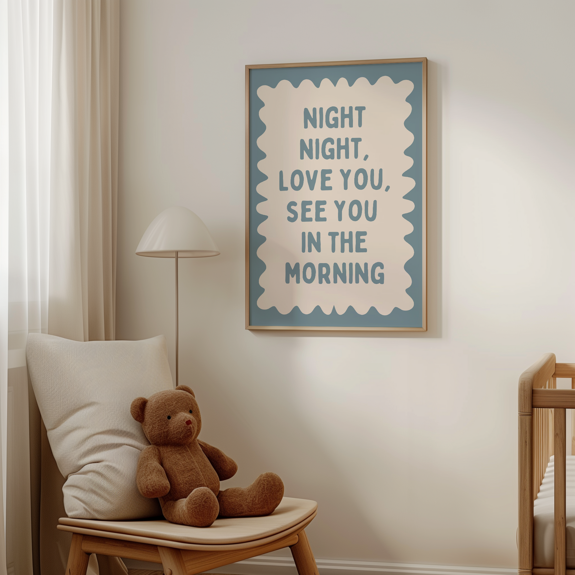 Night Night, Love You | Dusty Blue and Cream | Wall Art Print - High-Quality Premium Wall Art Decor Sticker