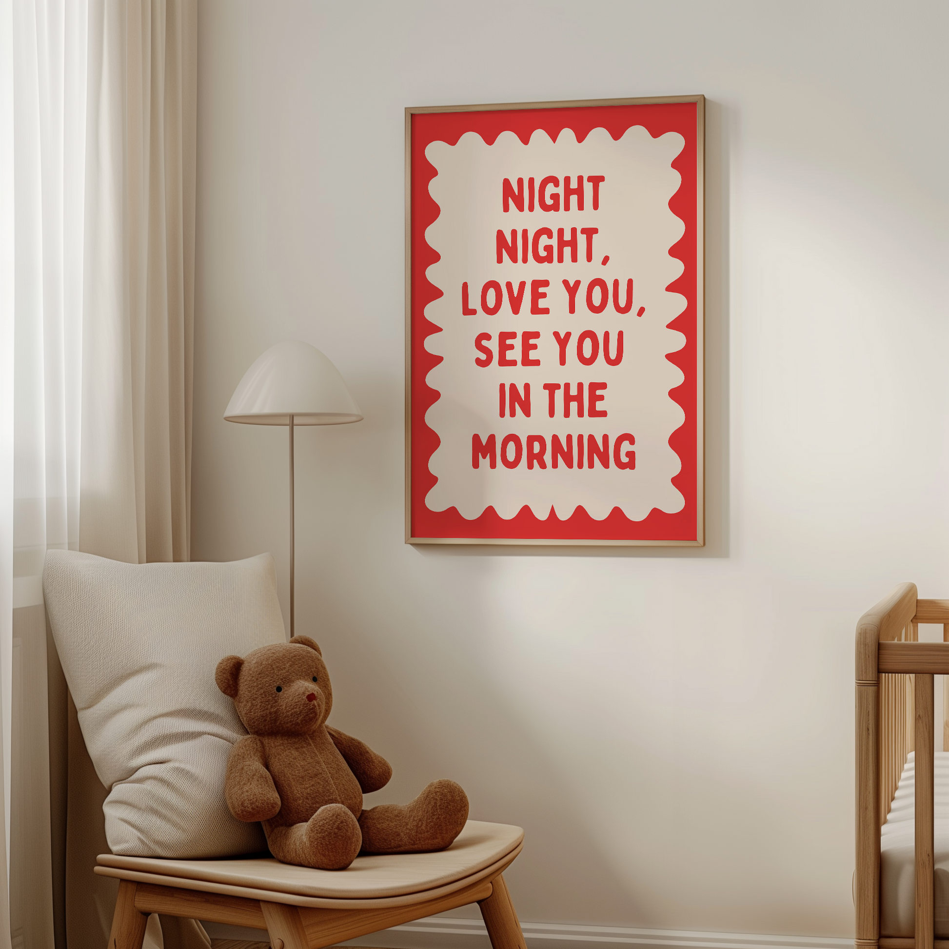 Night Night, Love You | Red and Cream | Wall Art Print - High-Quality Premium Wall Art Decor Sticker