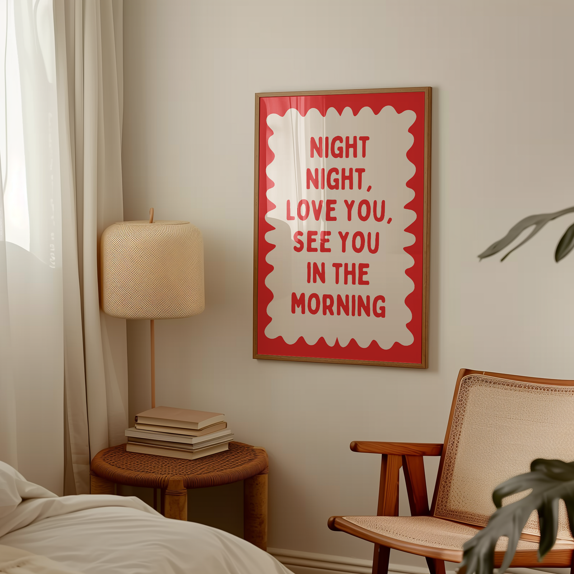Night Night, Love You | Red and Cream | Wall Art Print - High-Quality Premium Wall Art Decor Sticker