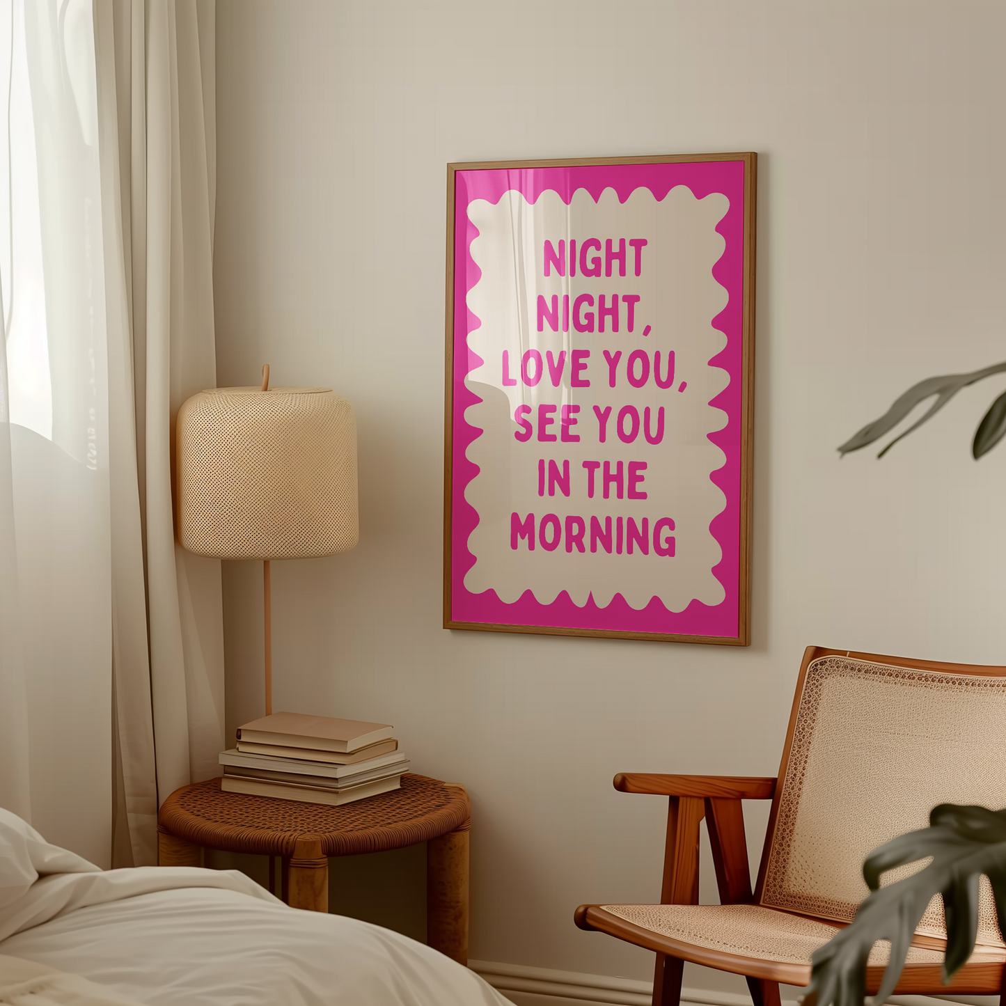 Night Night, Love You | Hot Pink  and Cream | Wall Art Print - High-Quality Premium Wall Art Decor Sticker
