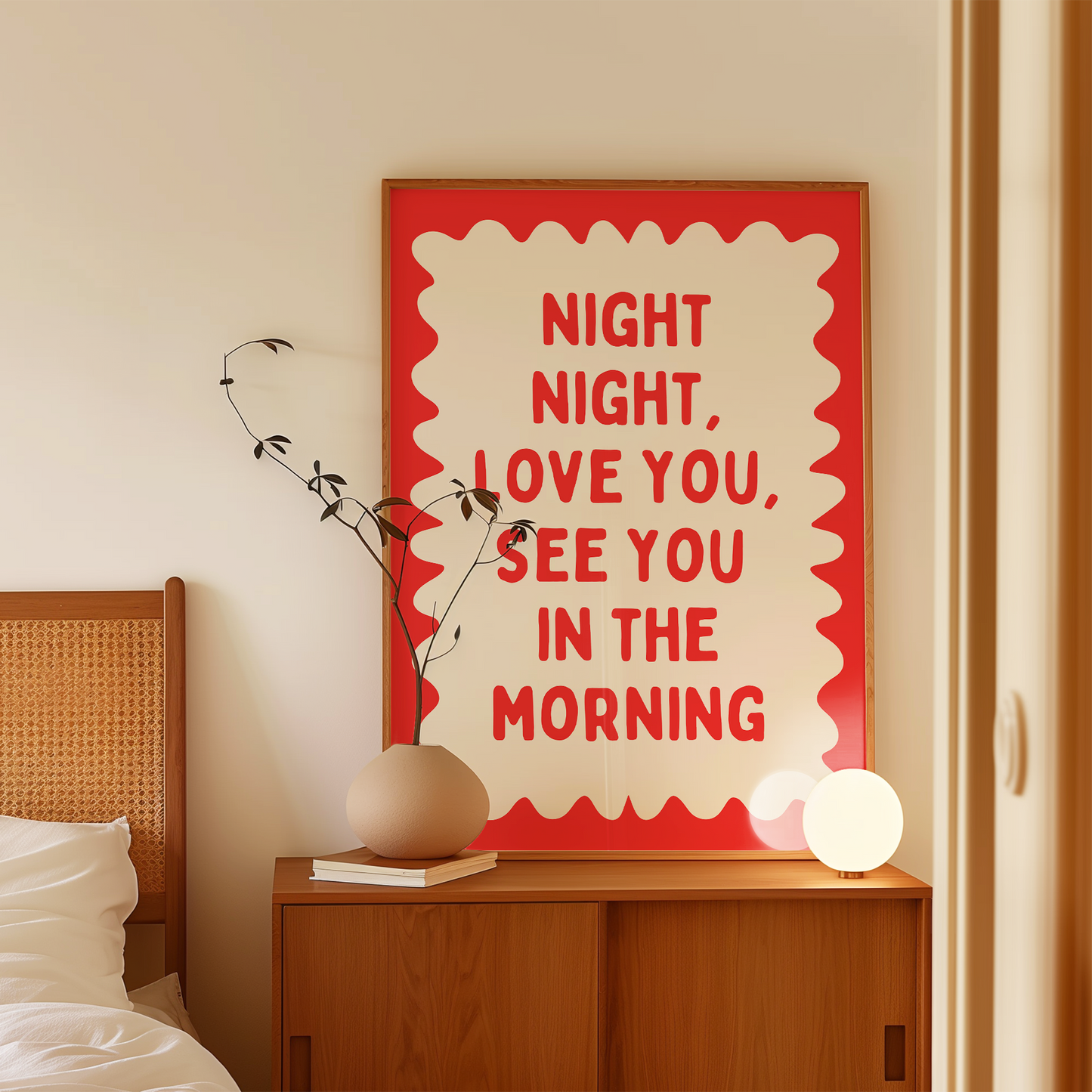 Night Night, Love You | Red and Cream | Wall Art Print - High-Quality Premium Wall Art Decor Sticker