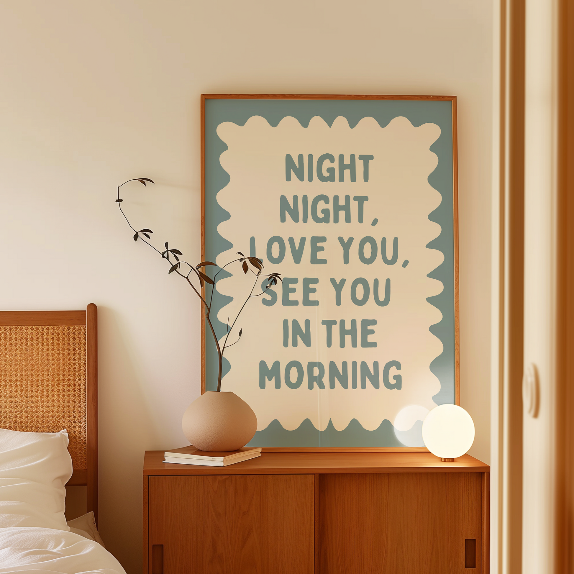 Night Night, Love You | Dusty Blue and Cream | Wall Art Print - High-Quality Premium Wall Art Decor Sticker