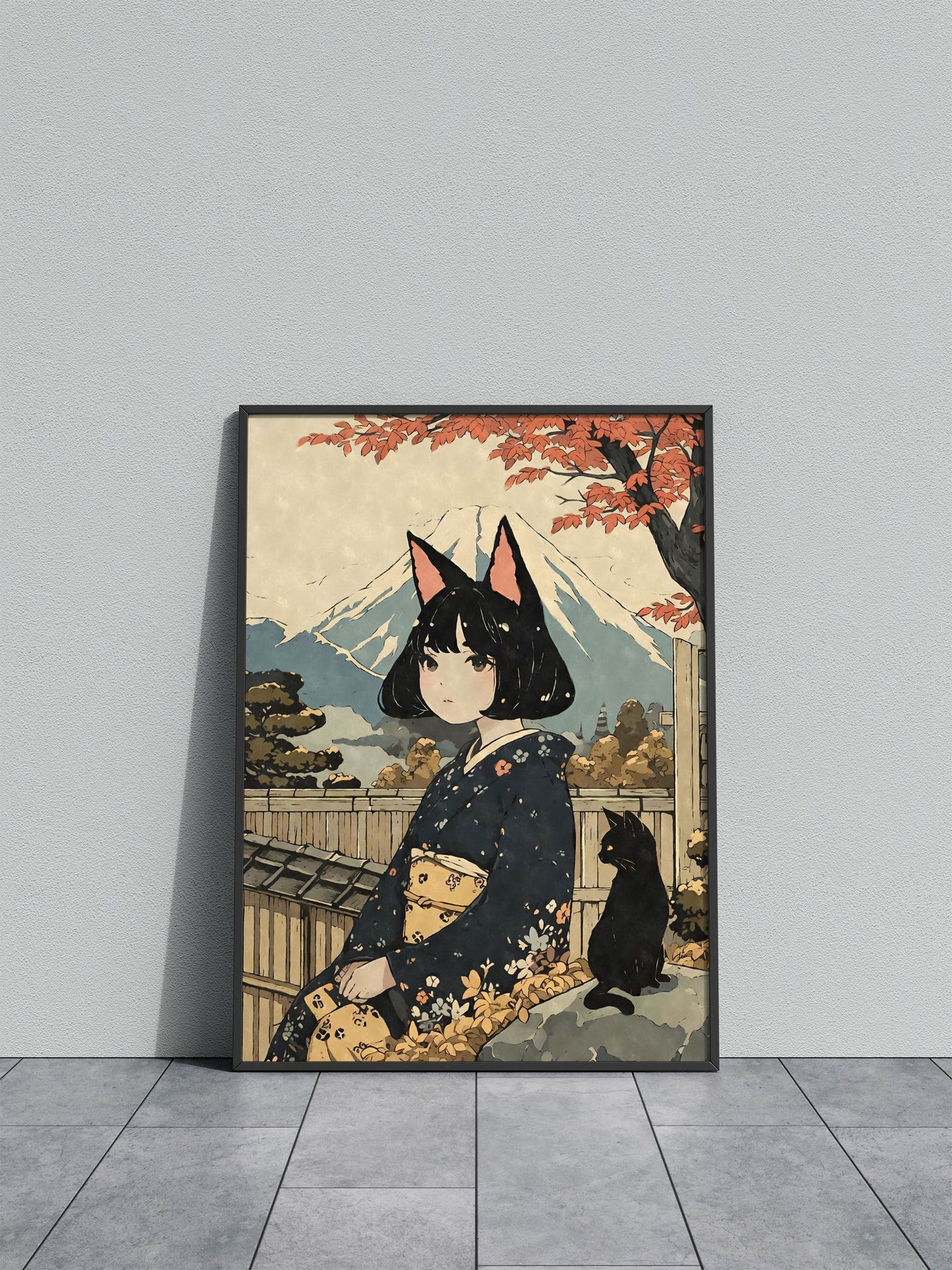 Nekomusume Woodblock Print Asian Style Po ster | Wall Art for Home & Office | High-Quality Print - High-Quality Visual Display