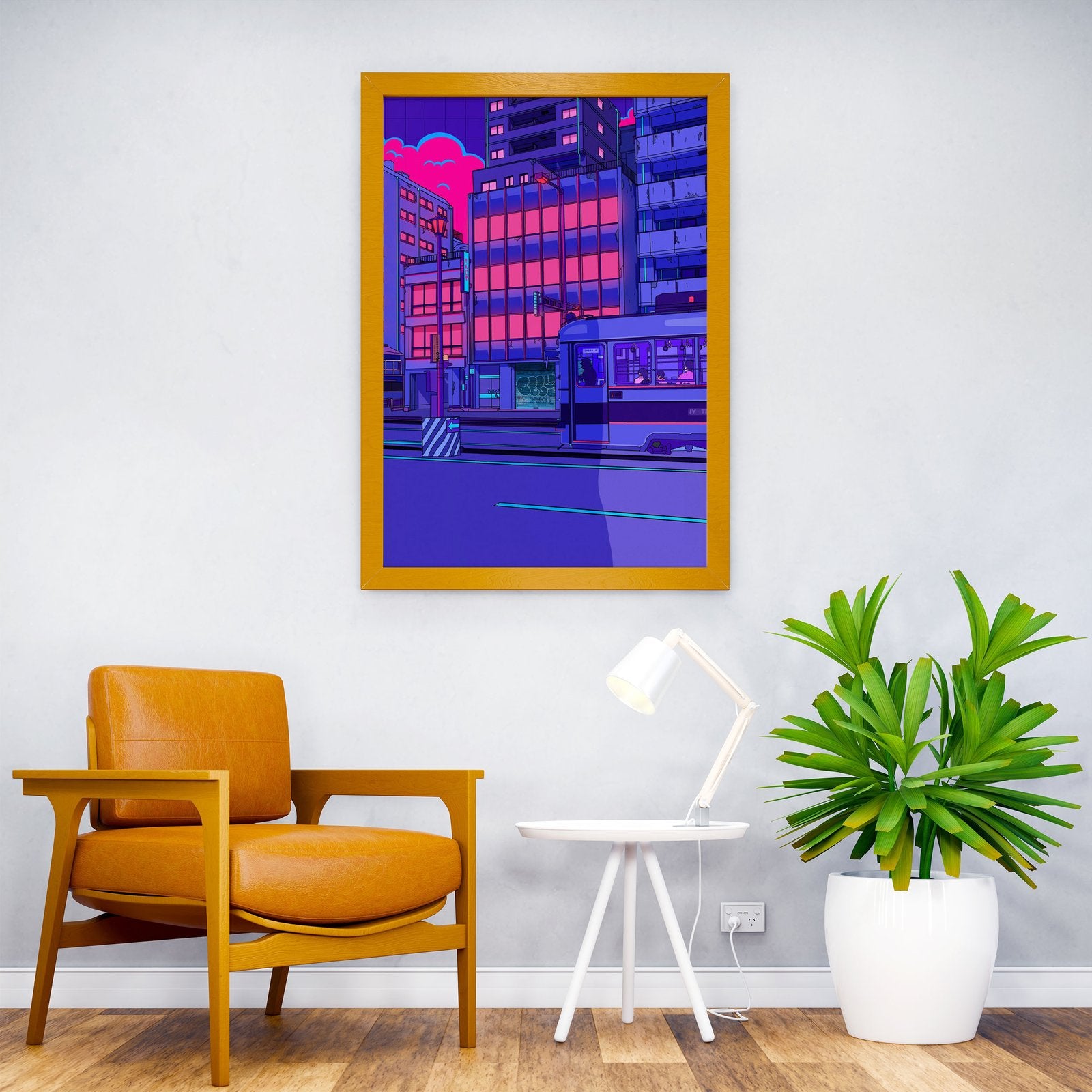 Neon Cityscape with Tram Asian Style Poster |  Wall Art for Home & Office | High-Quality Print - High-Quality Visual Display