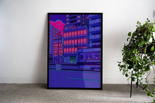 Neon Cityscape with Tram Asian Style Poster |  Wall Art for Home & Office | High-Quality Print - High-Quality Visual Display