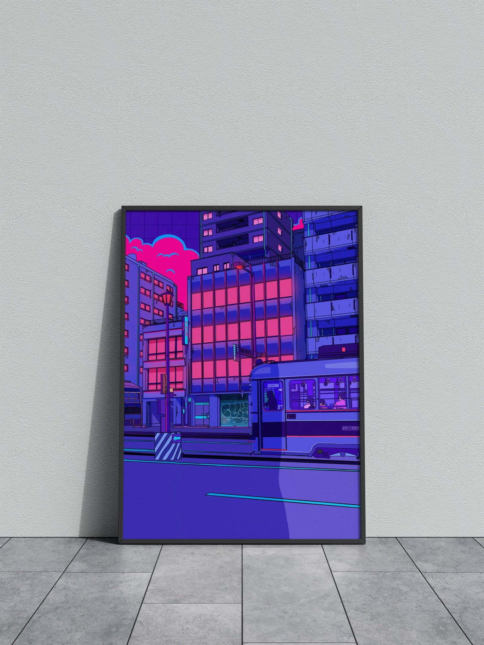 Neon Cityscape with Tram Asian Style Poster |  Wall Art for Home & Office | High-Quality Print - High-Quality Visual Display