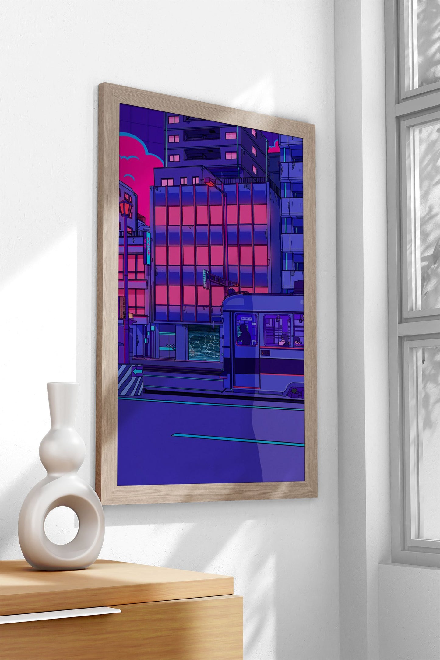 Neon Cityscape with Tram Asian Style Poster |  Wall Art for Home & Office | High-Quality Print - High-Quality Visual Display