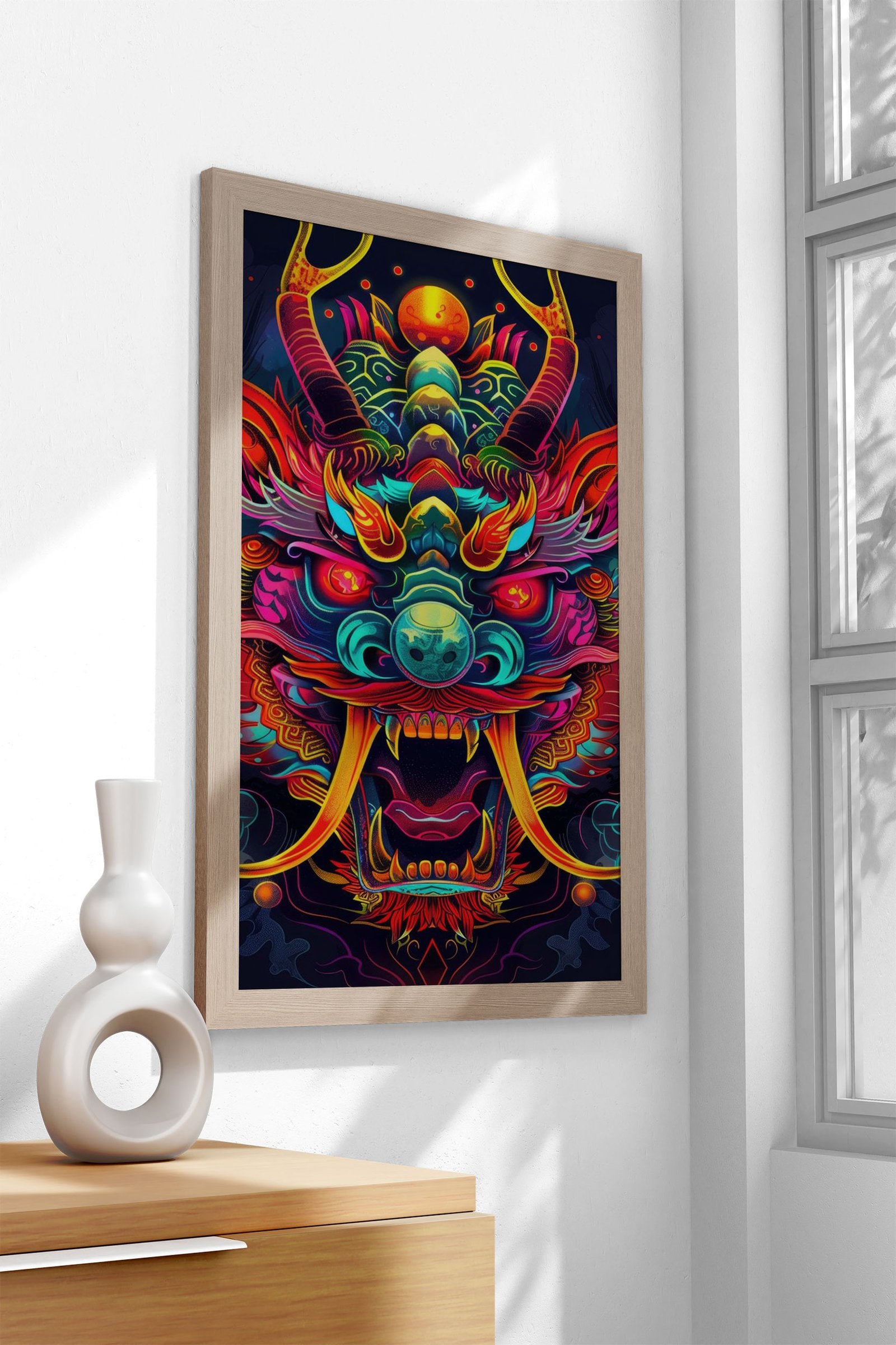 Neon Japanese Yokai Mask Asian Style Poster  | Wall Art for Home & Office | High-Quality Print - High-Quality Visual Display