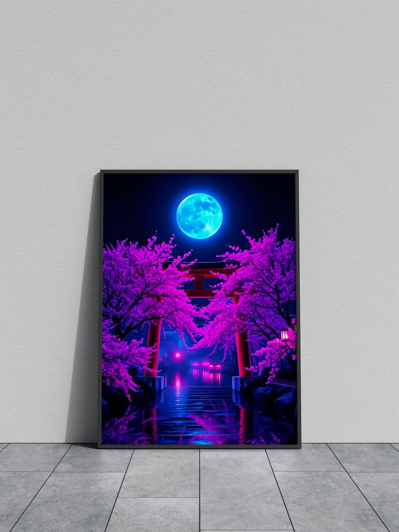 Neon Moonlit Torii Gate Asian Style Poster | W all Art for Home & Office | High-Quality Print - High-Quality Visual Display