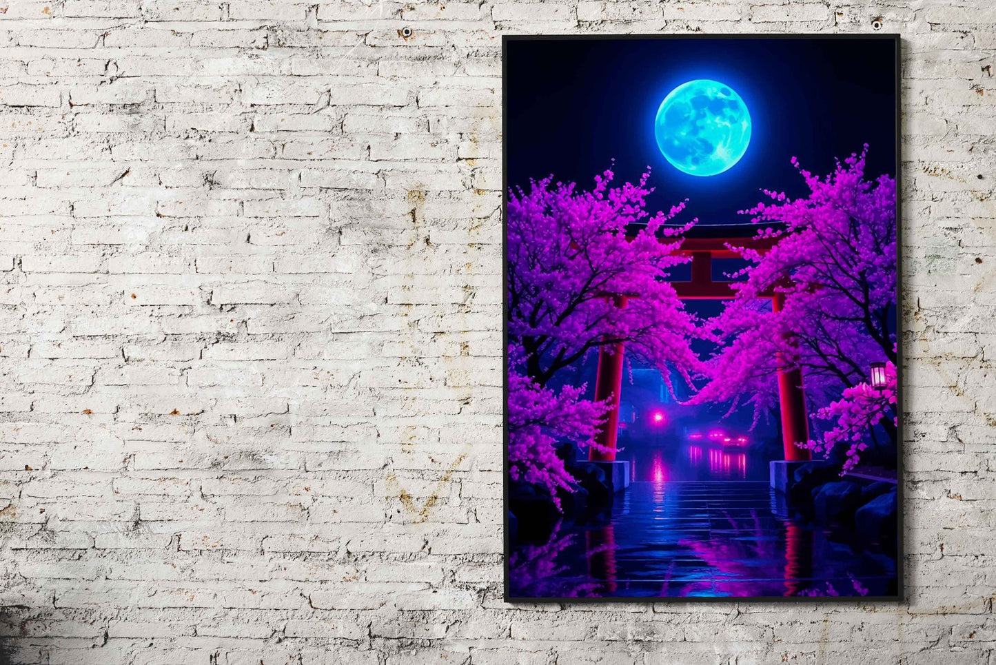 Neon Moonlit Torii Gate Asian Style Poster | W all Art for Home & Office | High-Quality Print - High-Quality Visual Display