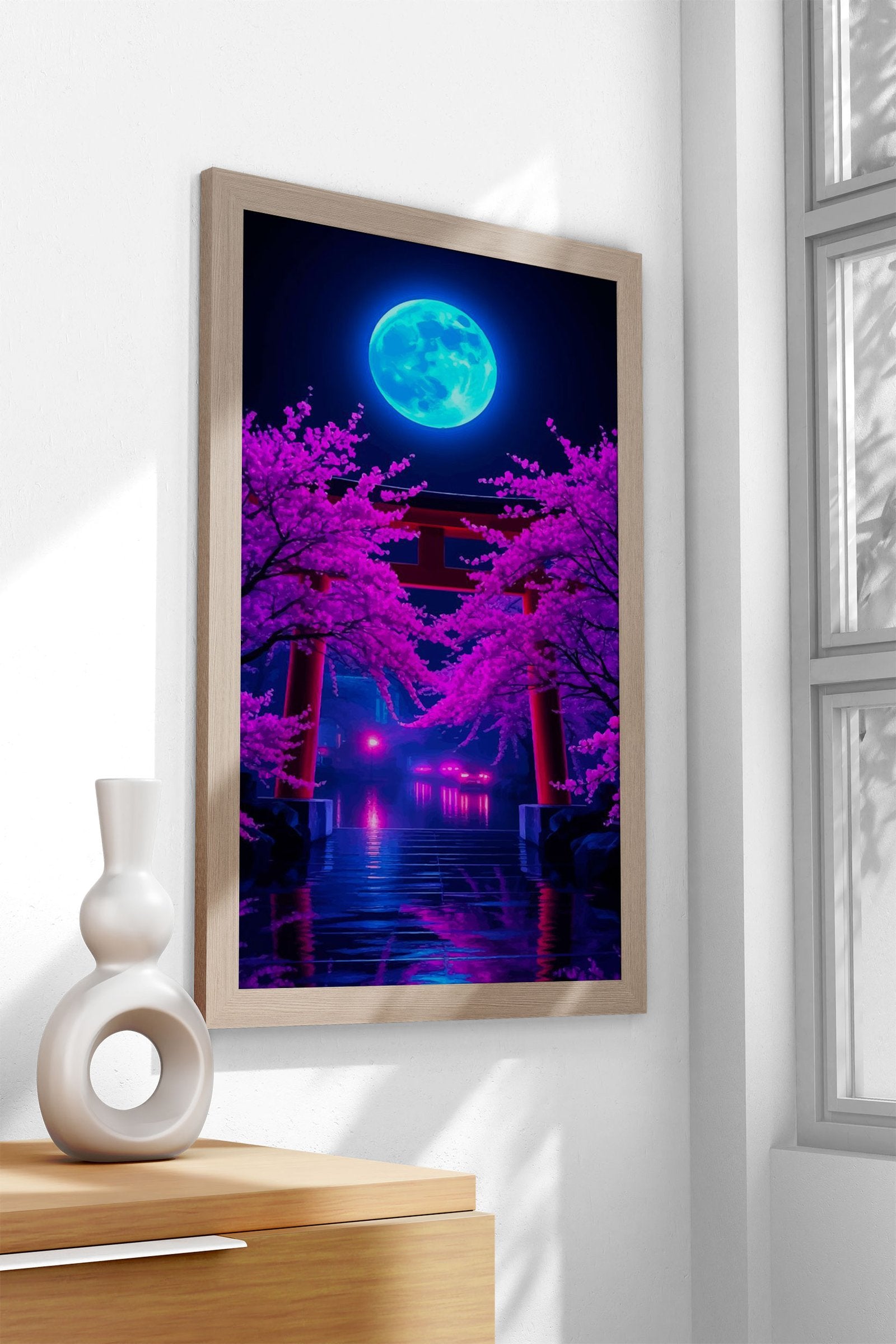 Neon Moonlit Torii Gate Asian Style Poster | W all Art for Home & Office | High-Quality Print - High-Quality Visual Display