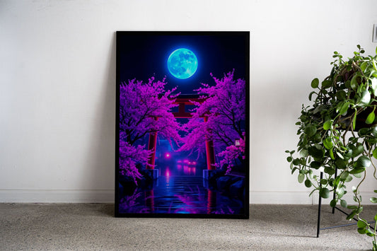 Neon Moonlit Torii Gate Asian Style Poster | W all Art for Home & Office | High-Quality Print - High-Quality Visual Display