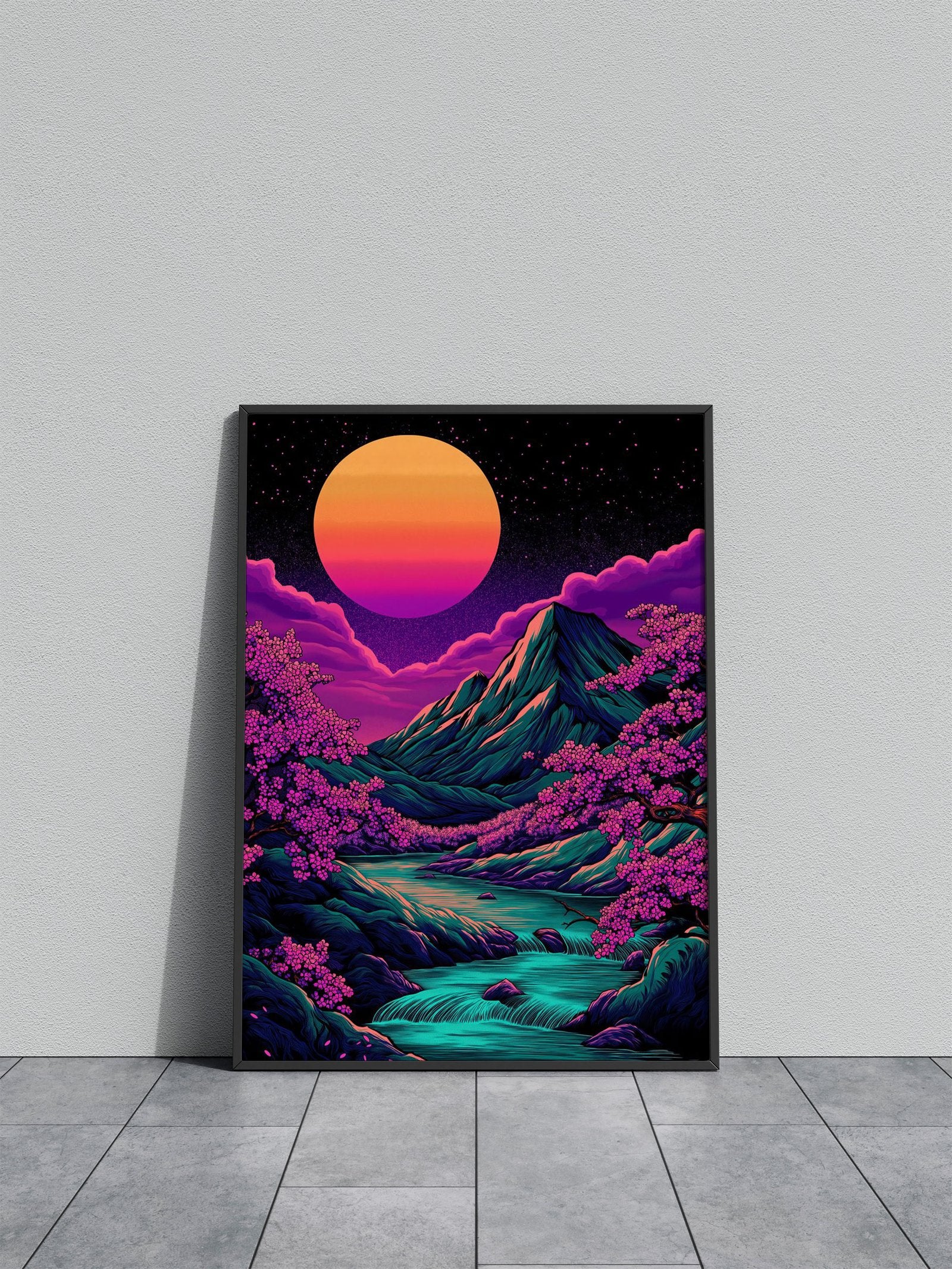 Neon Mountain Landscape Vaporwave Asian S tyle Poster | Wall Art for Home & Office | High-Quality Print - High-Quality Visual Display