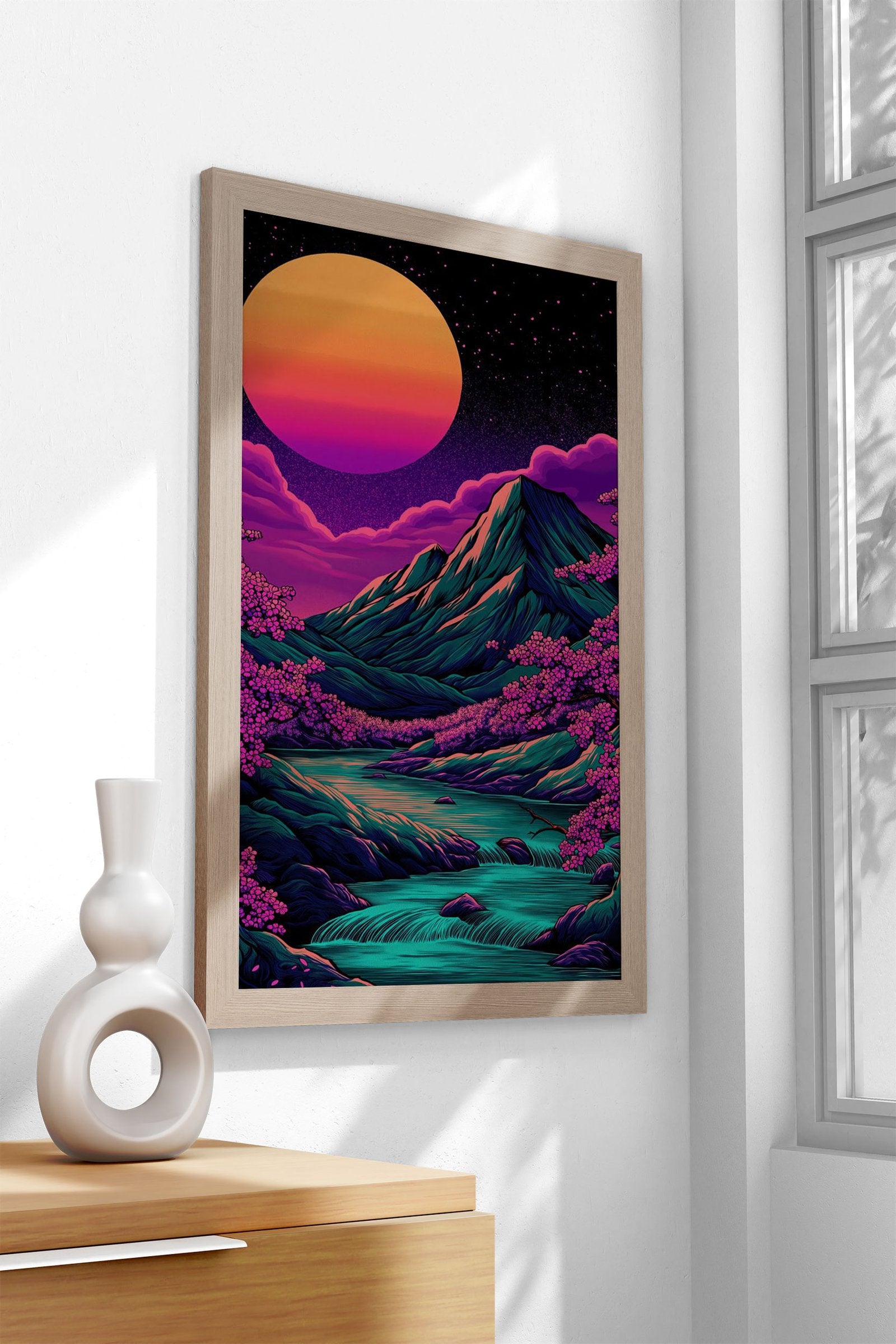 Neon Mountain Landscape Vaporwave Asian S tyle Poster | Wall Art for Home & Office | High-Quality Print - High-Quality Visual Display