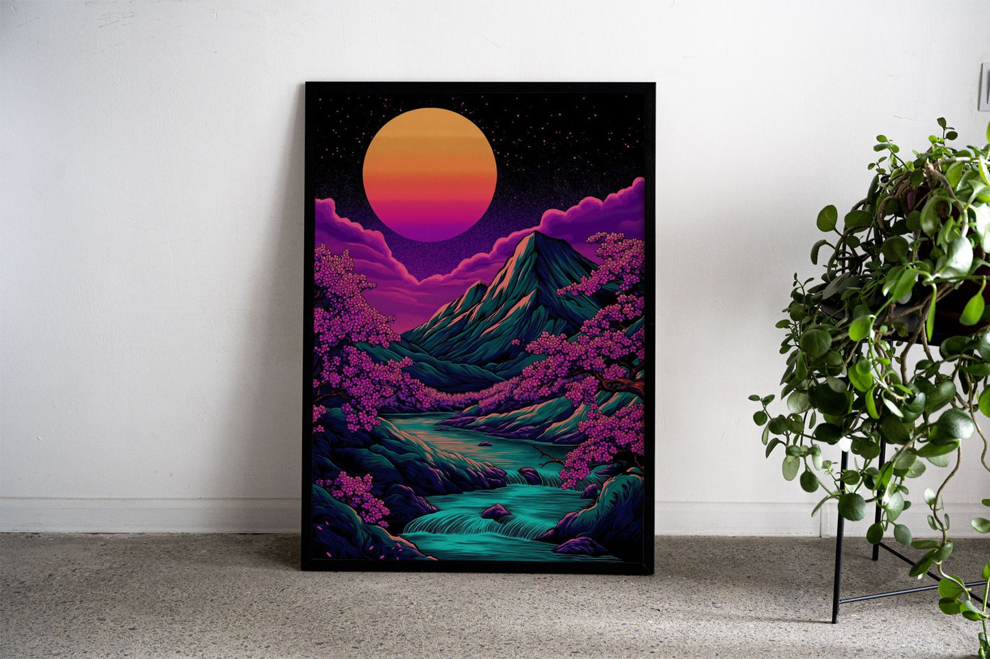 Neon Mountain Landscape Vaporwave Asian S tyle Poster | Wall Art for Home & Office | High-Quality Print - High-Quality Visual Display