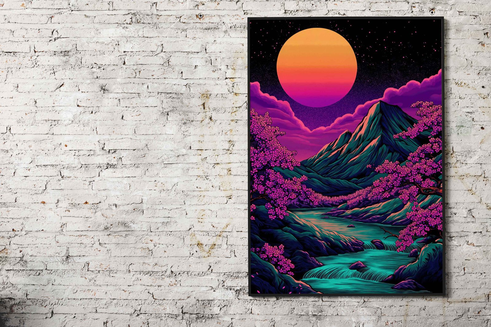 Neon Mountain Landscape Vaporwave Asian S tyle Poster | Wall Art for Home & Office | High-Quality Print - High-Quality Visual Display