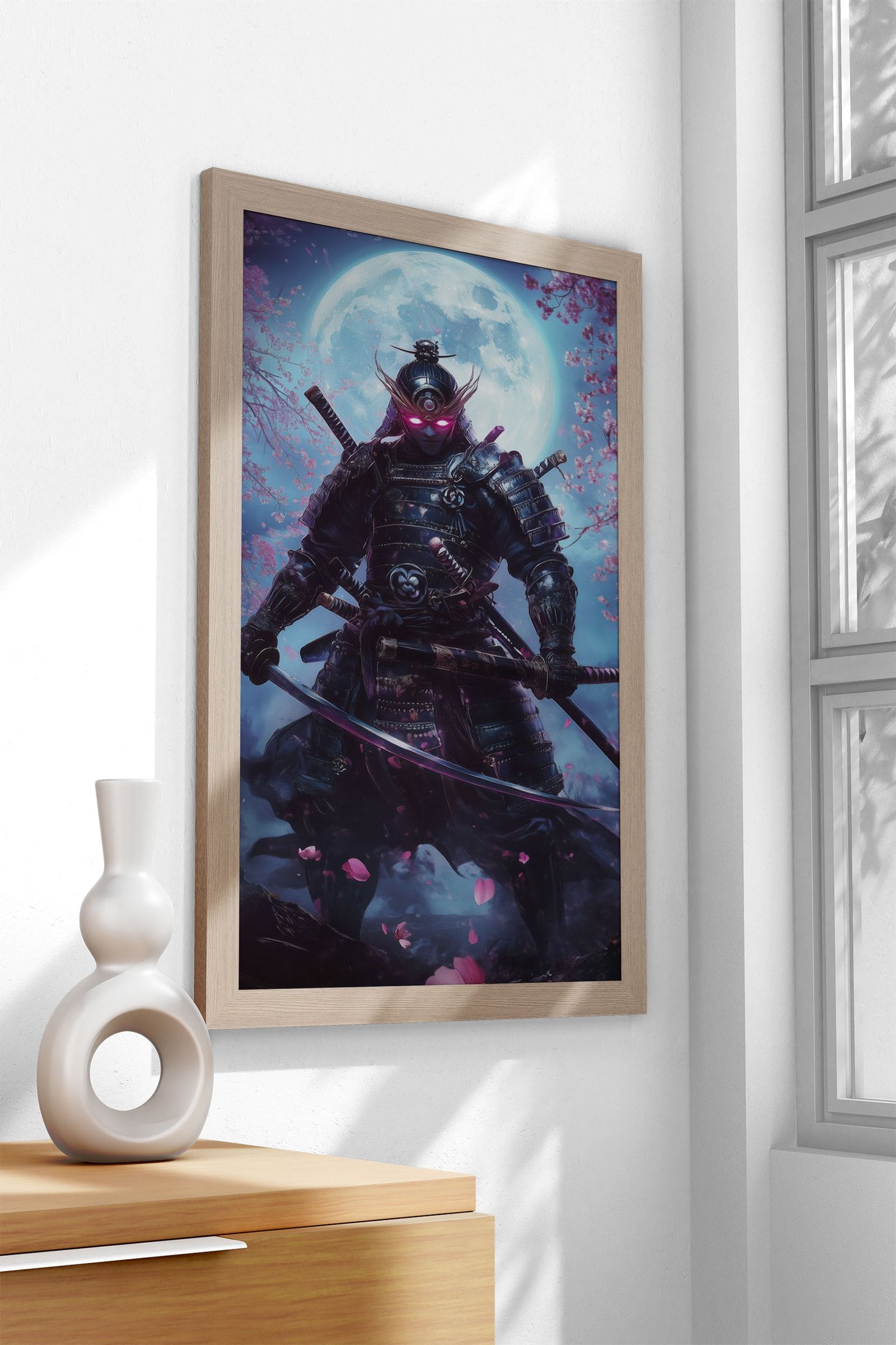 Neon Samurai Under Moon Asian Style Poster  | Wall Art for Home & Office | High-Quality Print - High-Quality Visual Display