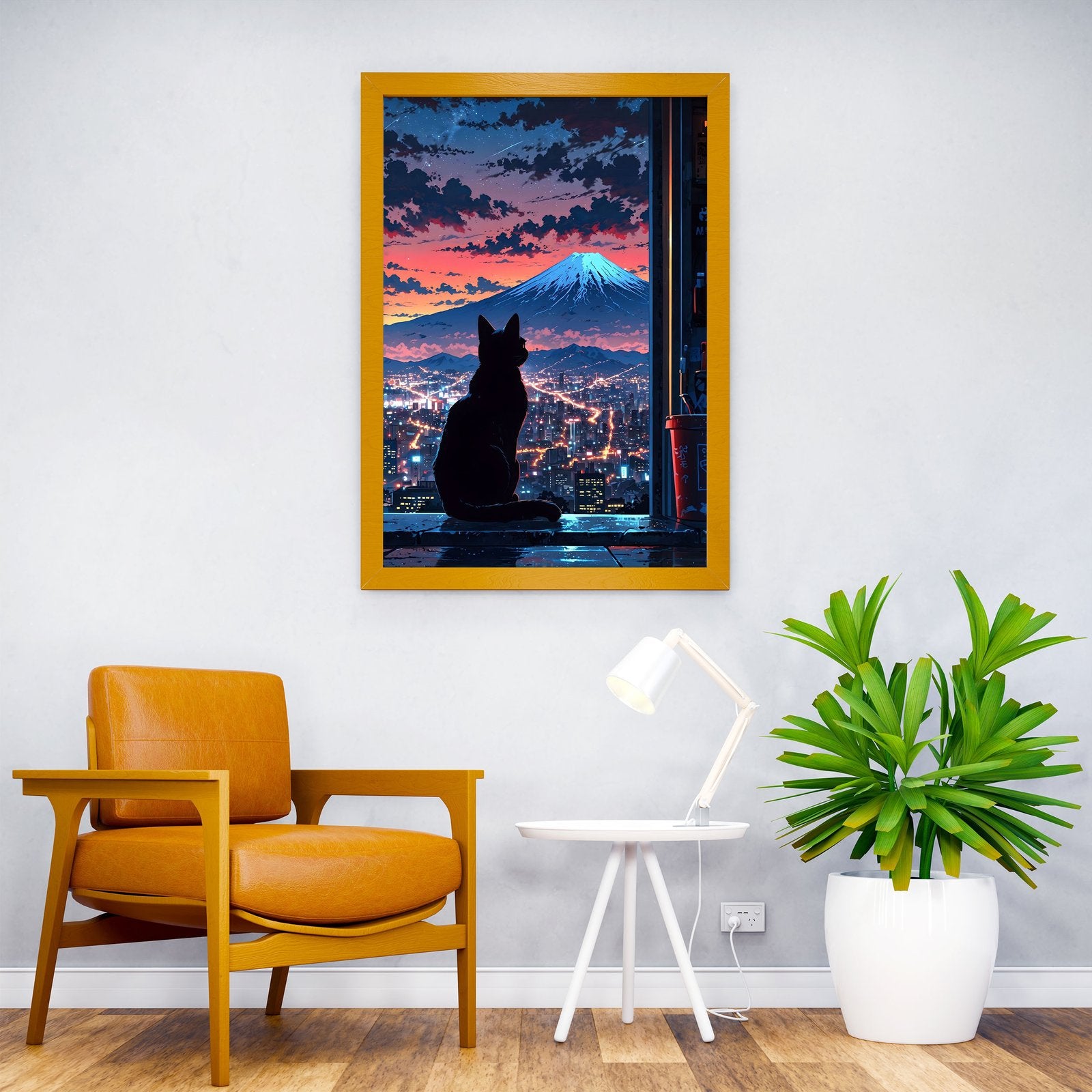 Neon Tokyo Black Cat Sits Asian Style Poster |  Wall Art for Home & Office | High-Quality Print - High-Quality Visual Display