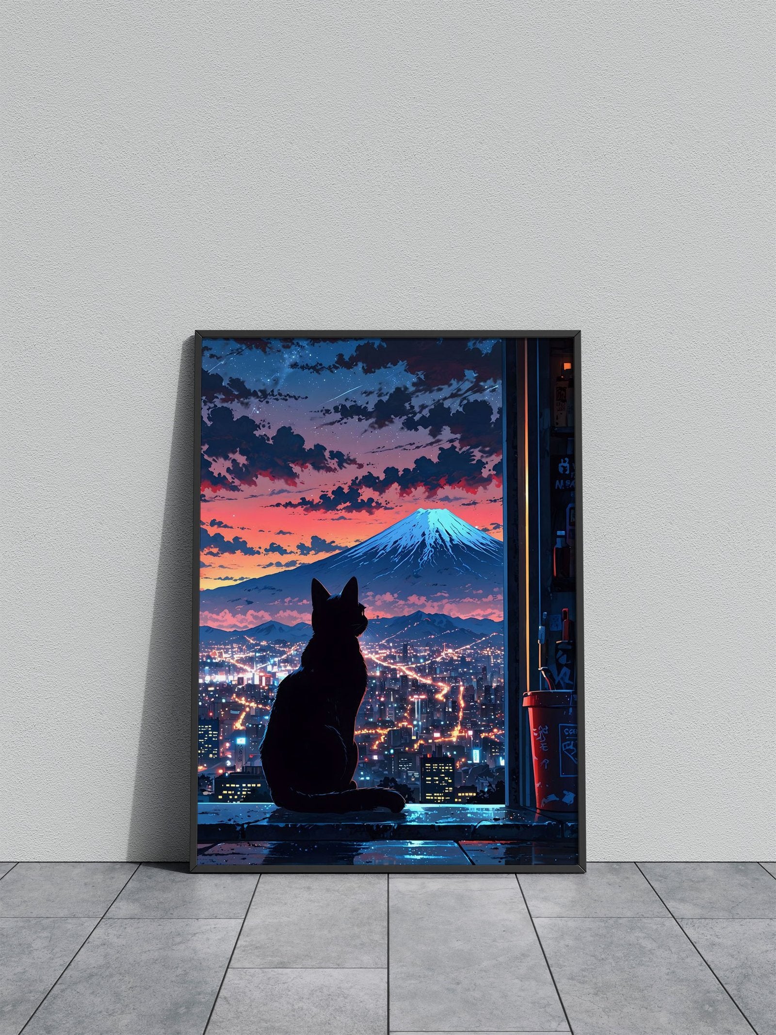 Neon Tokyo Black Cat Sits Asian Style Poster |  Wall Art for Home & Office | High-Quality Print - High-Quality Visual Display