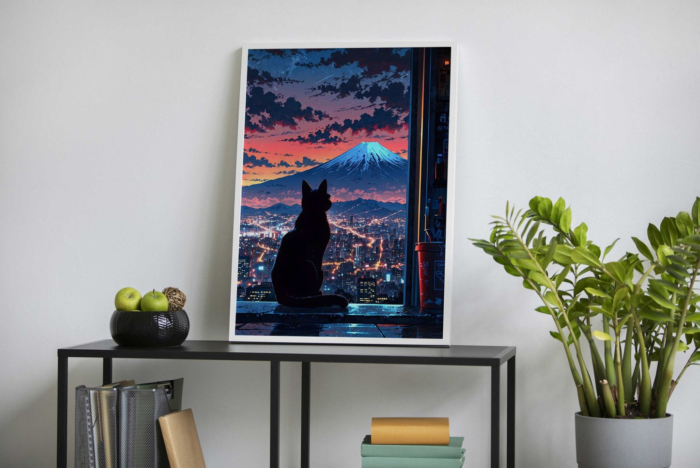 Neon Tokyo Black Cat Sits Asian Style Poster |  Wall Art for Home & Office | High-Quality Print - High-Quality Visual Display